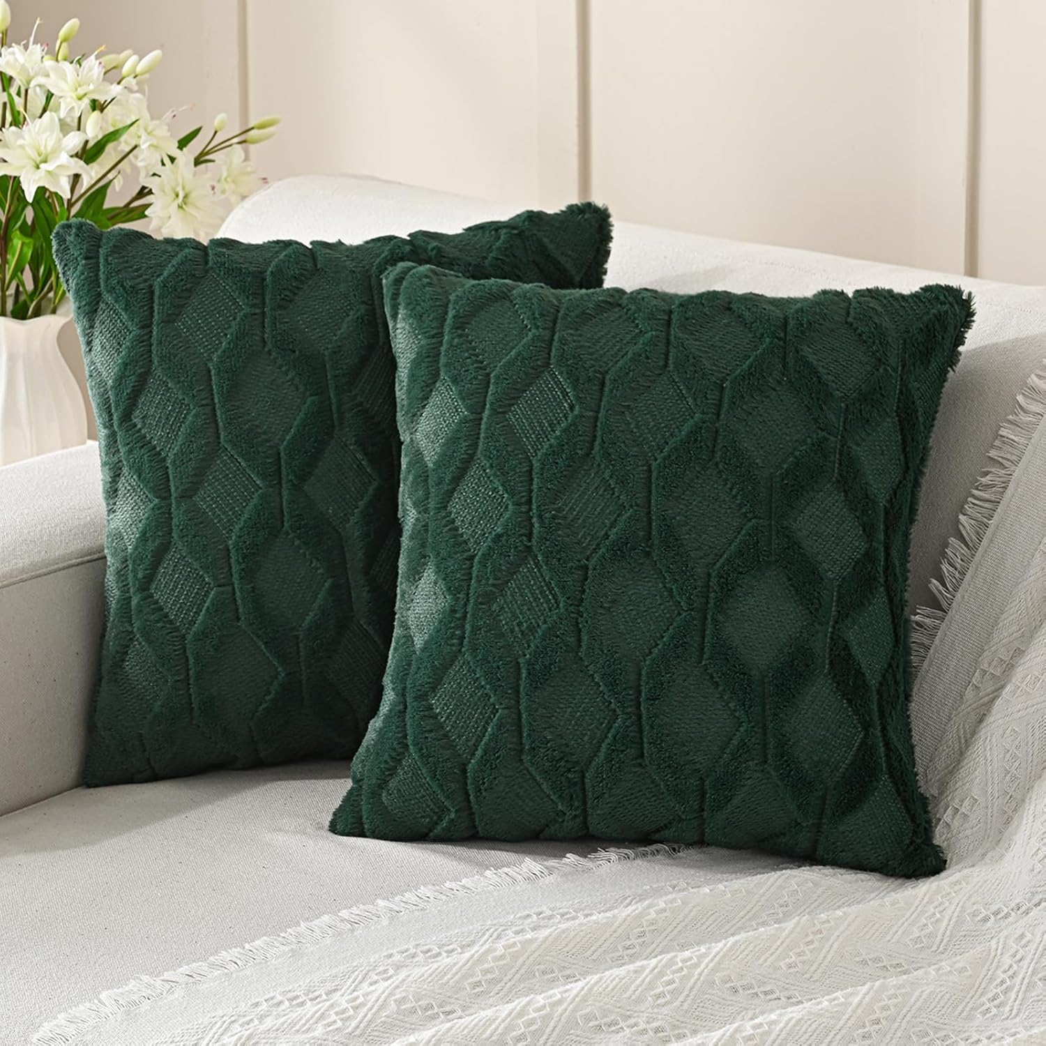 Velvet Boho Beige Throw Pillow Cover — 20" — Dark Green