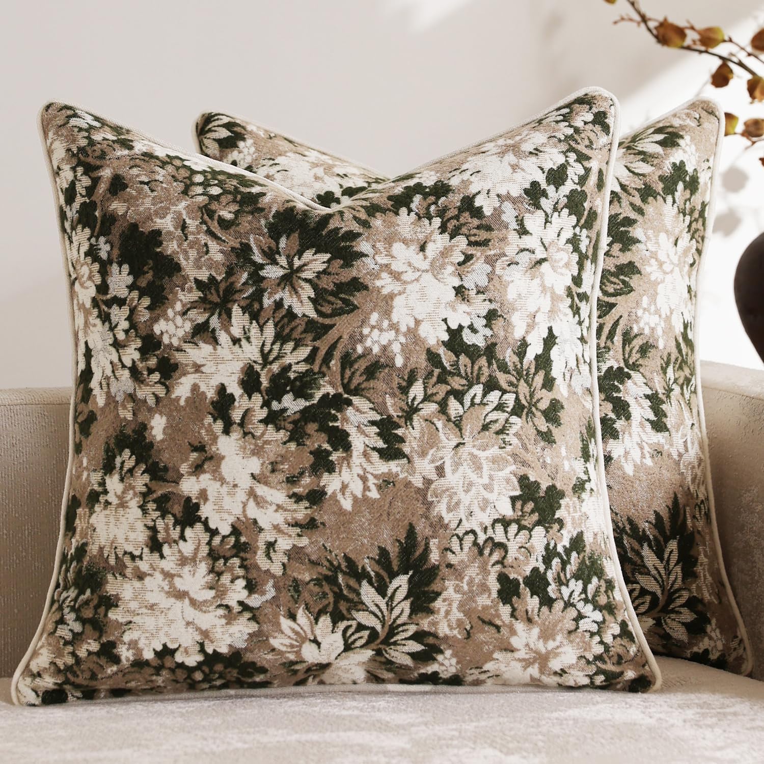 Chenille Boho Beige Throw Pillow — 26" — Green and Taupe