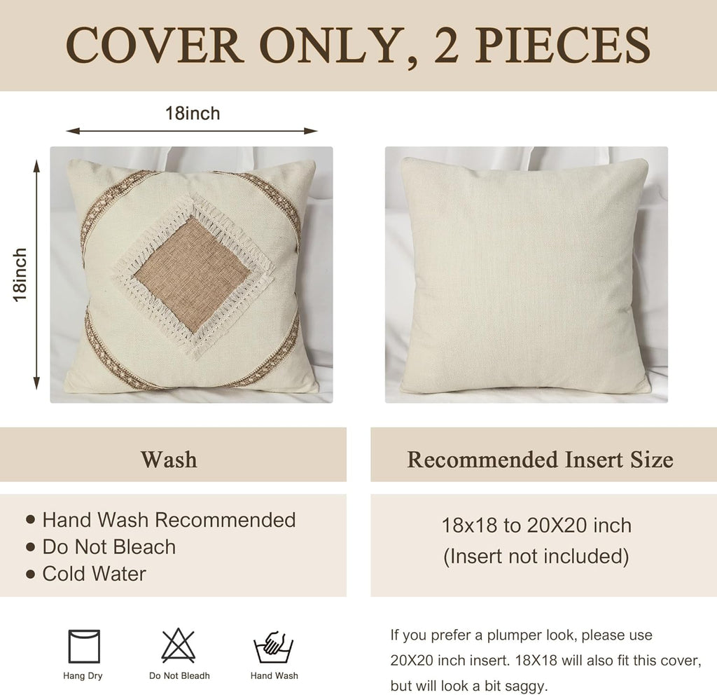 Linen Boho Beige Throw Pillow Cover — 18" - View 4