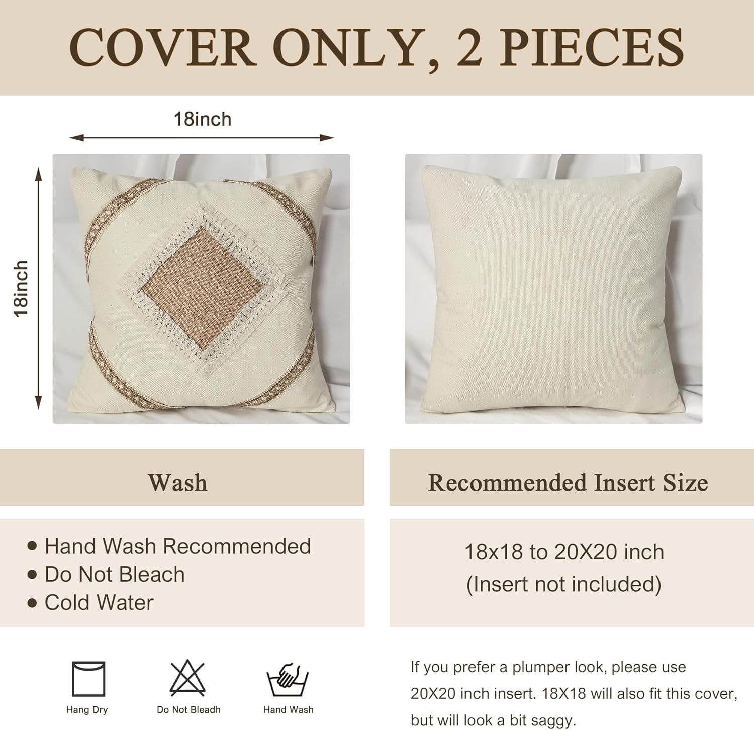Linen Boho Beige Throw Pillow Cover — 18" - View 4
