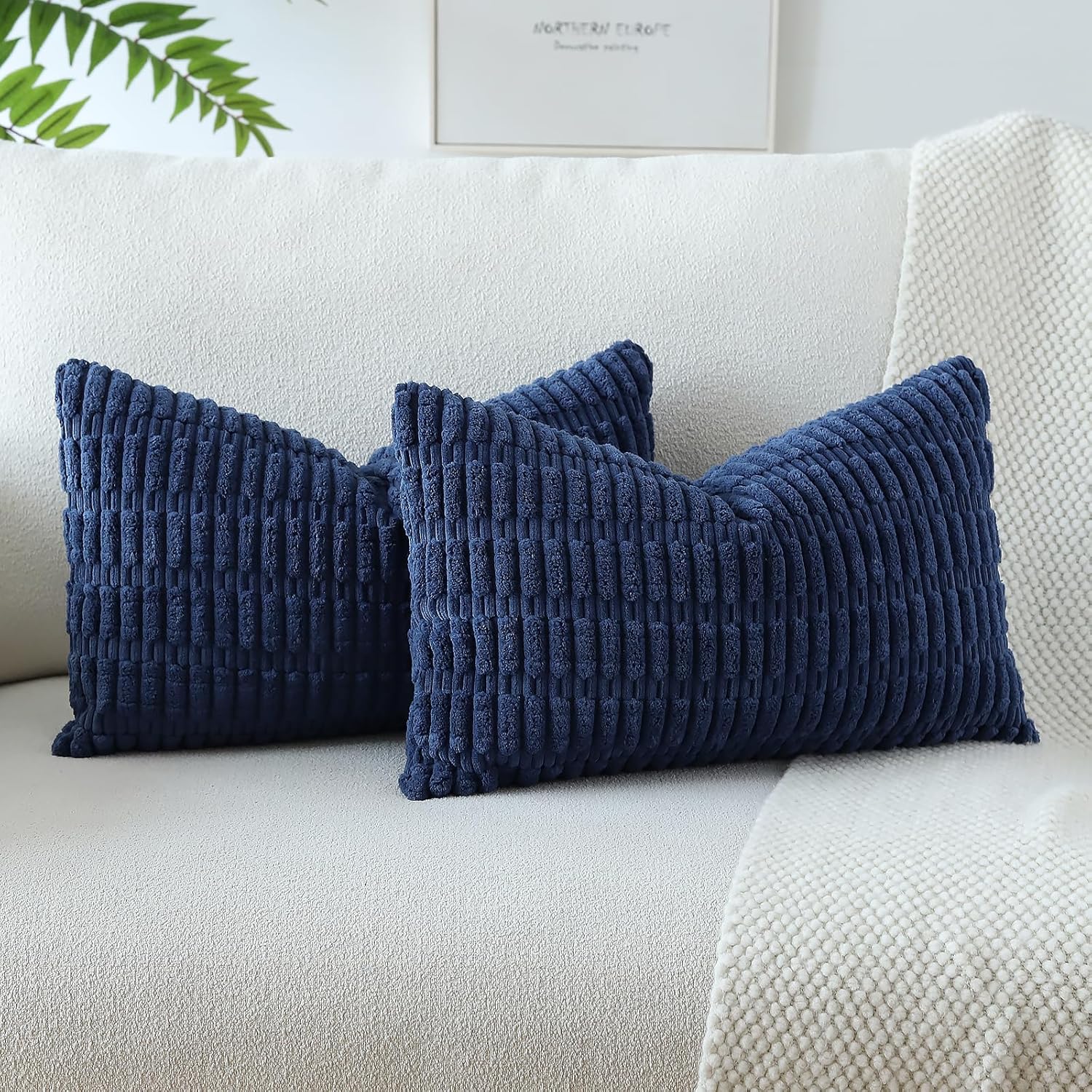 Lumbar Boho Beige Throw Pillow Cover — 24" — Navy Blue