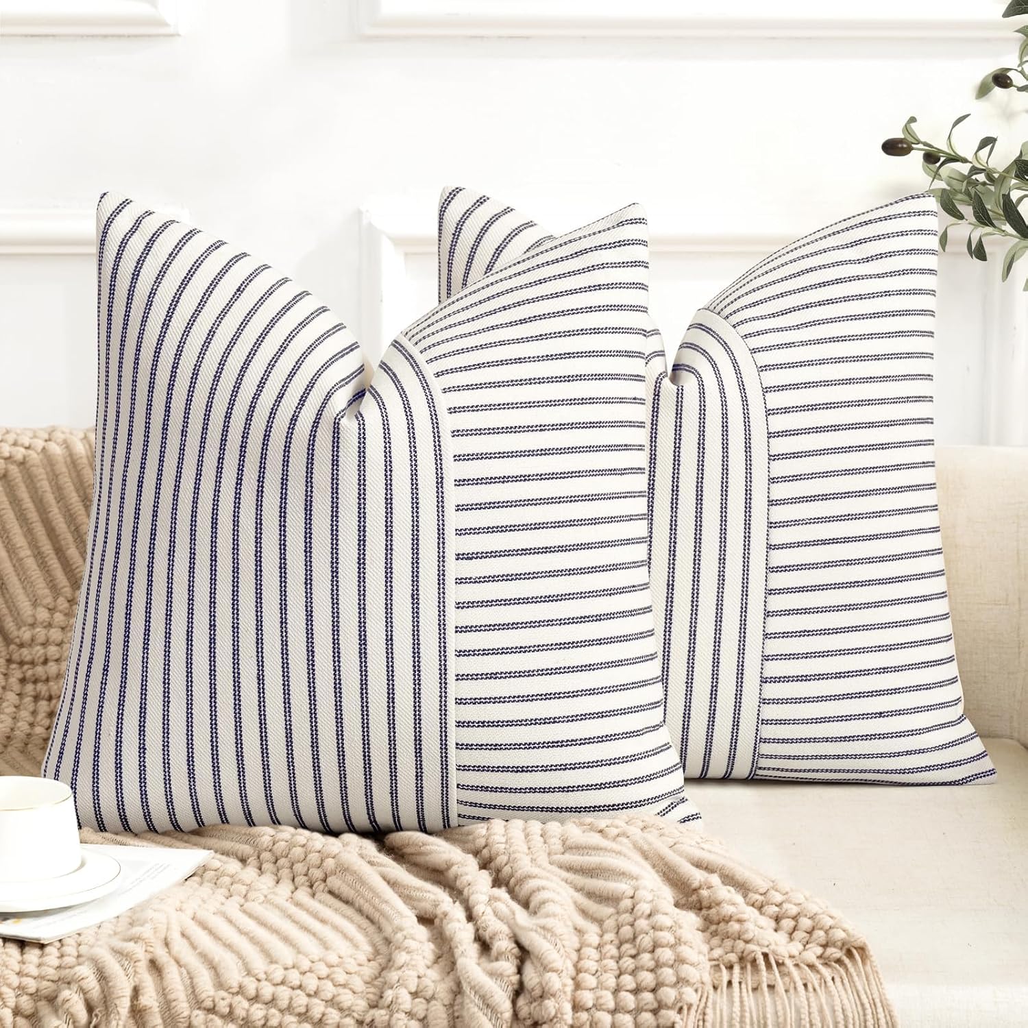 Linen Boho Beige Throw Pillow Cover — 18" — Navy