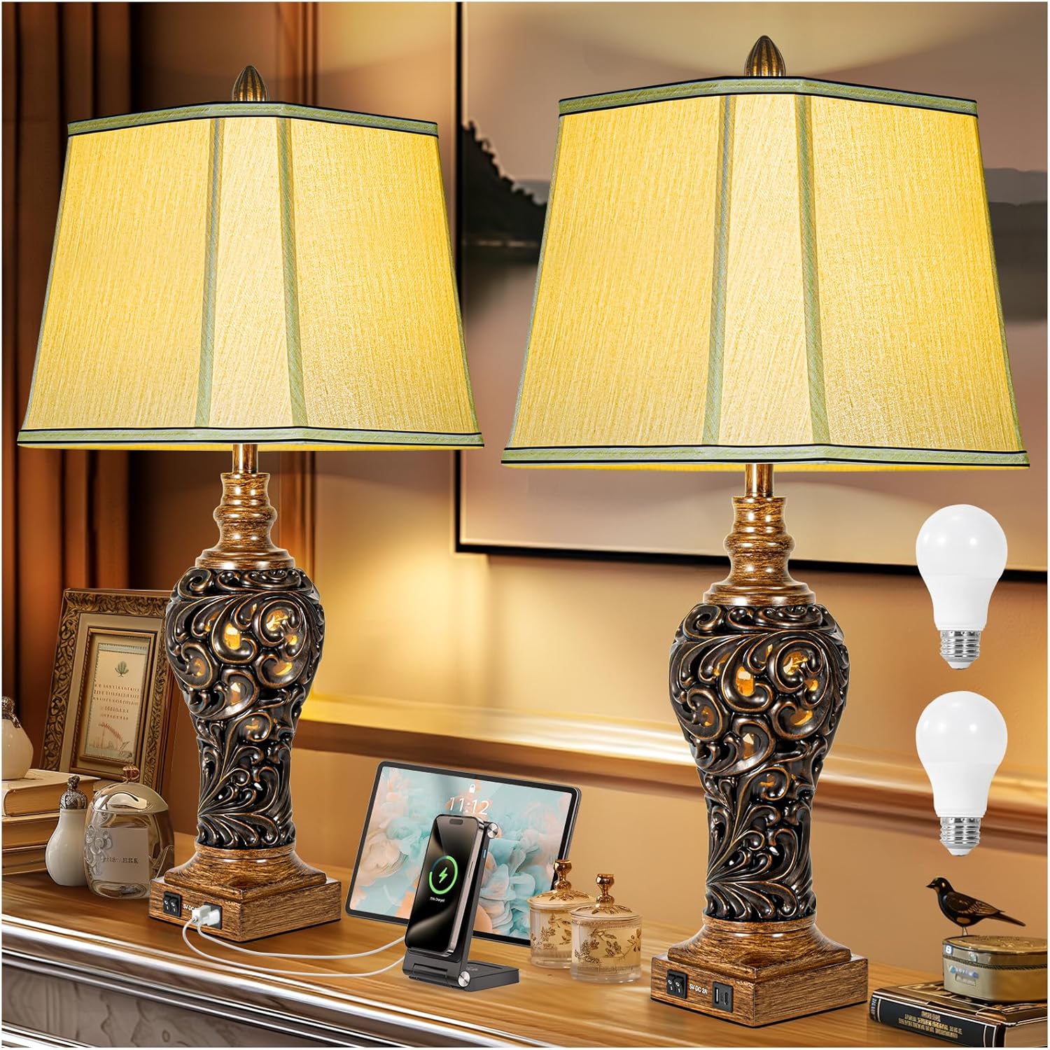 USB Beige Bedside Lamp — 28.5" — Bronze-Set of 2