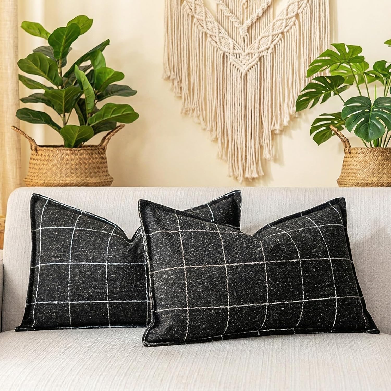 Linen Boho Beige Throw Pillow Cover — 20" — Black & Beige Plaid Lumbar Set of 2