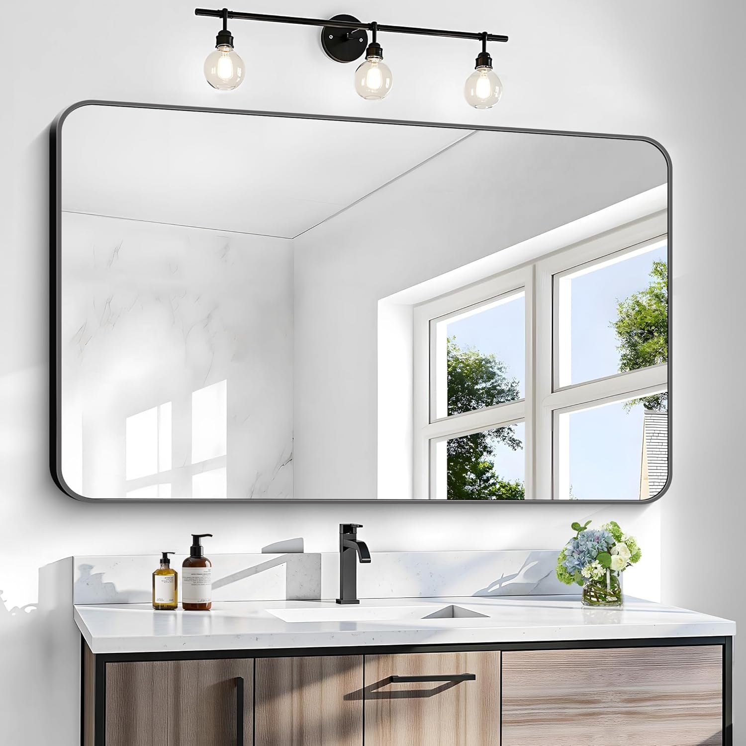 Round Luxe Beige Wall Mirror — 60" — Black Rounded Rectangle