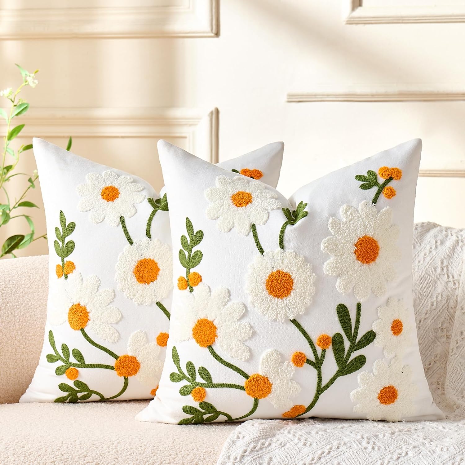 Tufted Boho Green Throw Pillow Cover — 16" — White Flower