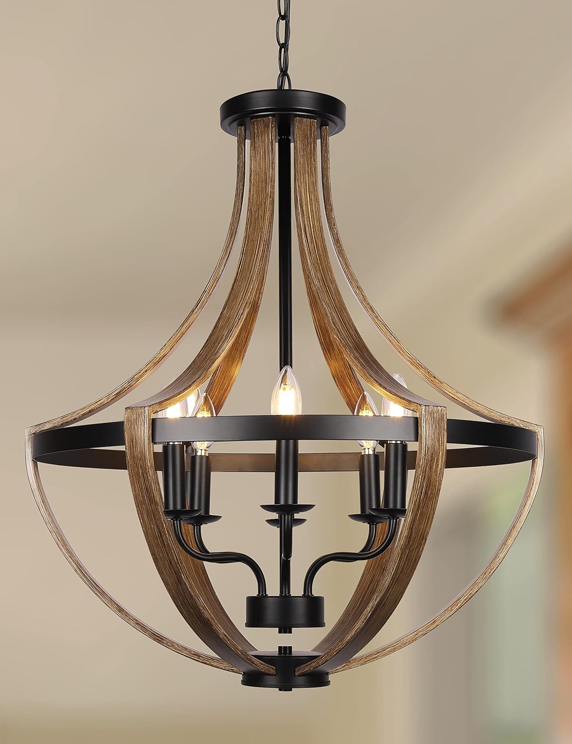 Adjustable Farmhouse Wood Chandelier — 5-Light — 23.6"/6-Light