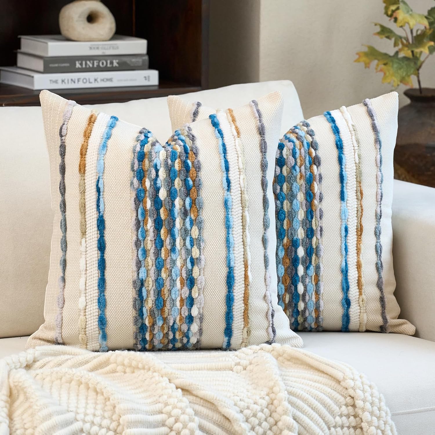 Tufted Boho Blue Throw Pillow Cover — 18" — Sky Blue