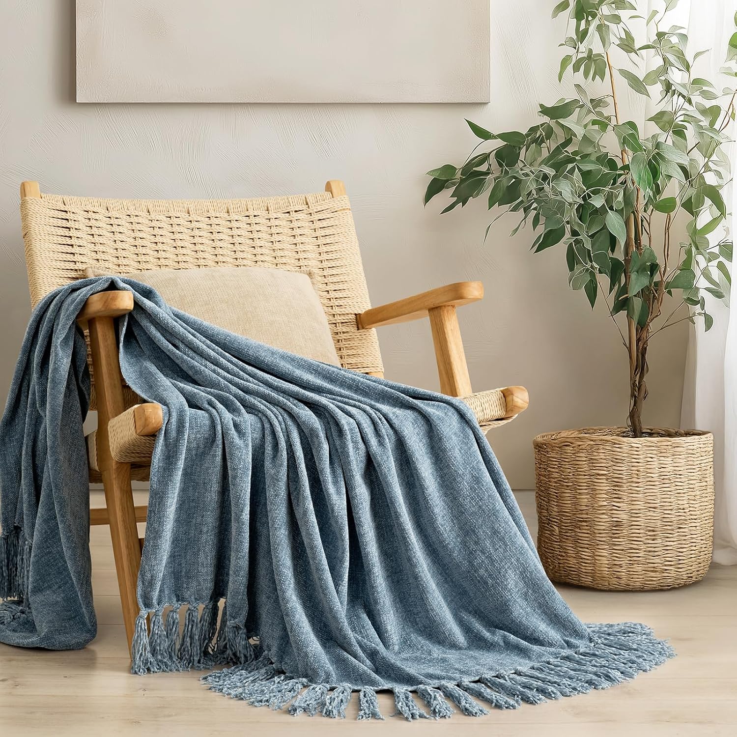 Knit Boho Beige Throw Pillow — 50" — Cloud Blue