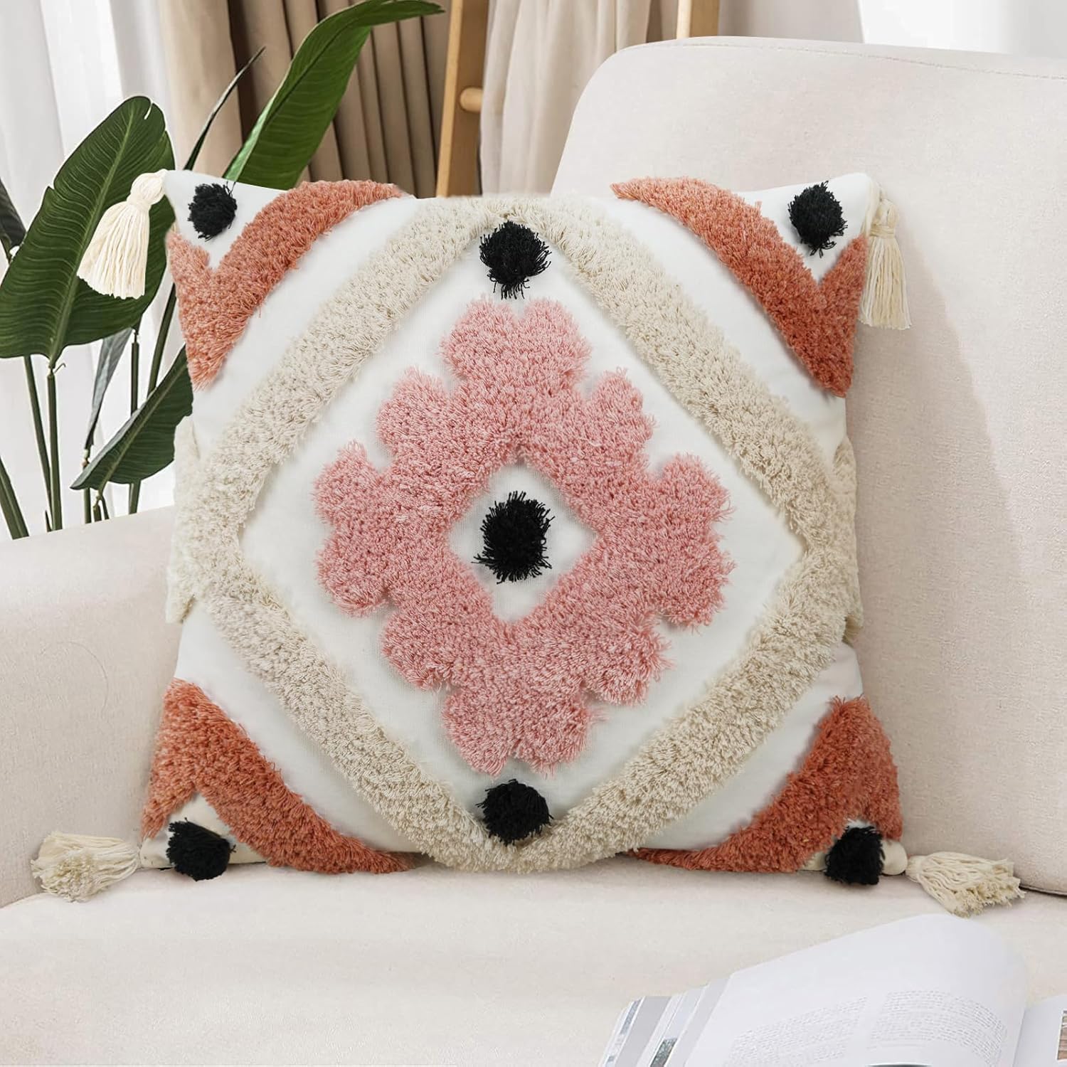 Tufted Boho Pink Throw Pillow Cover — 18" — Pink