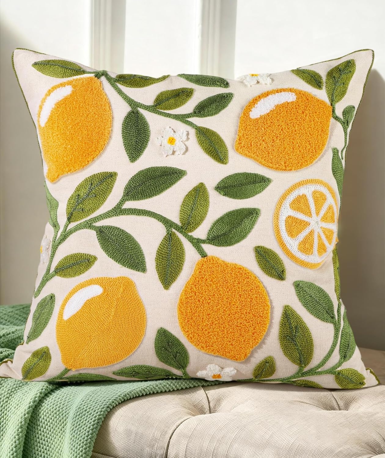 Embroidered Boho Yellow Throw Pillow Cover — 18" — Branch-lemon