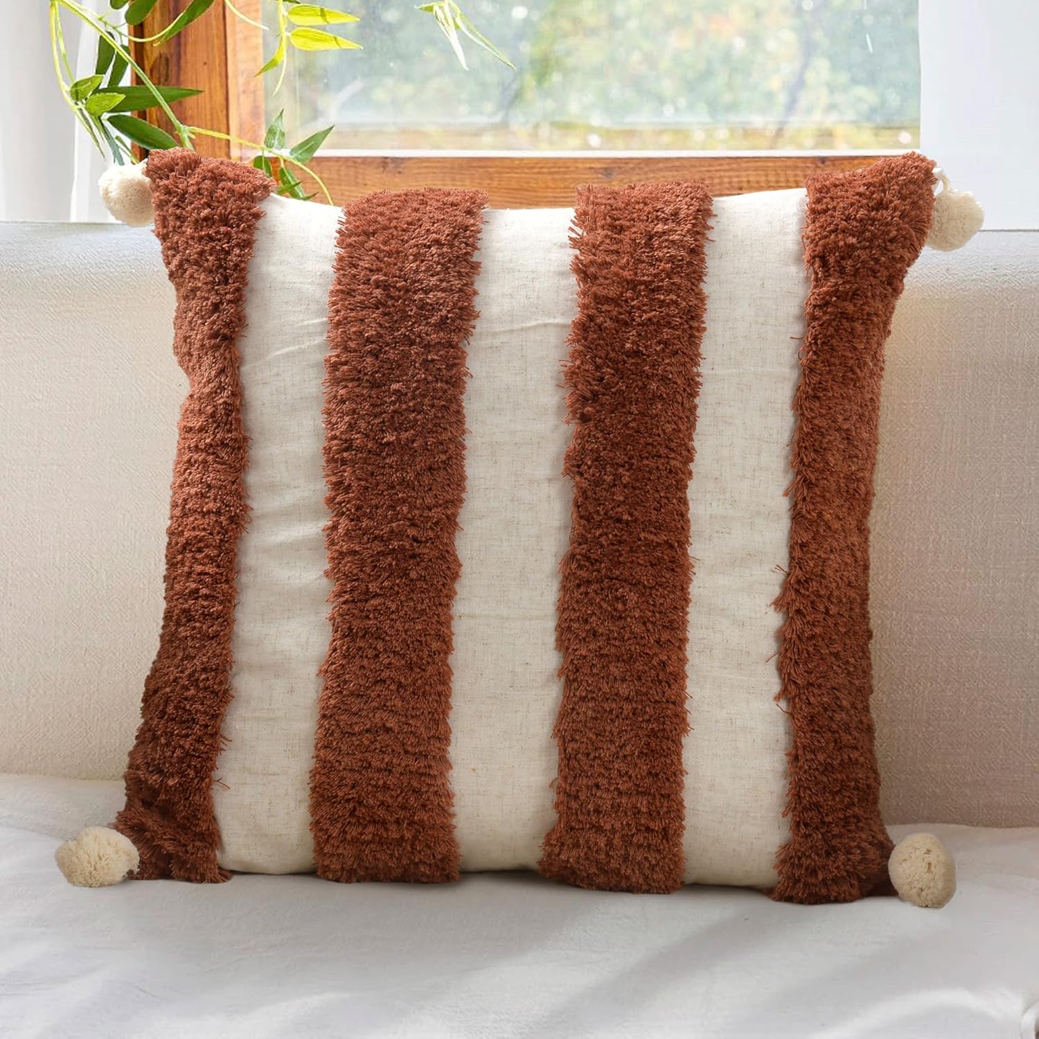 Tufted Boho Beige Throw Pillow Cover — 18" — Tufting Rust
