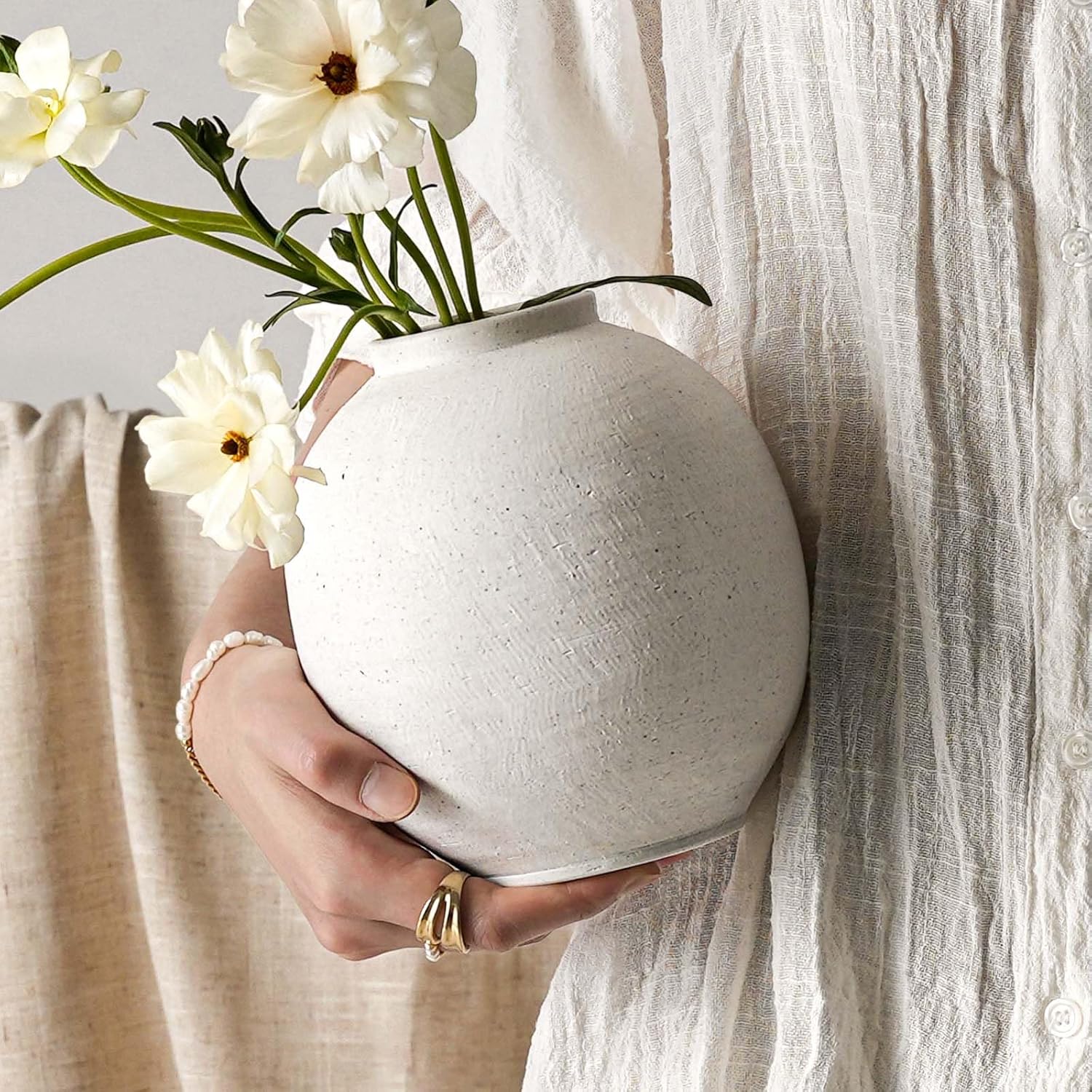 Farmhouse Beige Flower Vase — 8" — Sandstone White