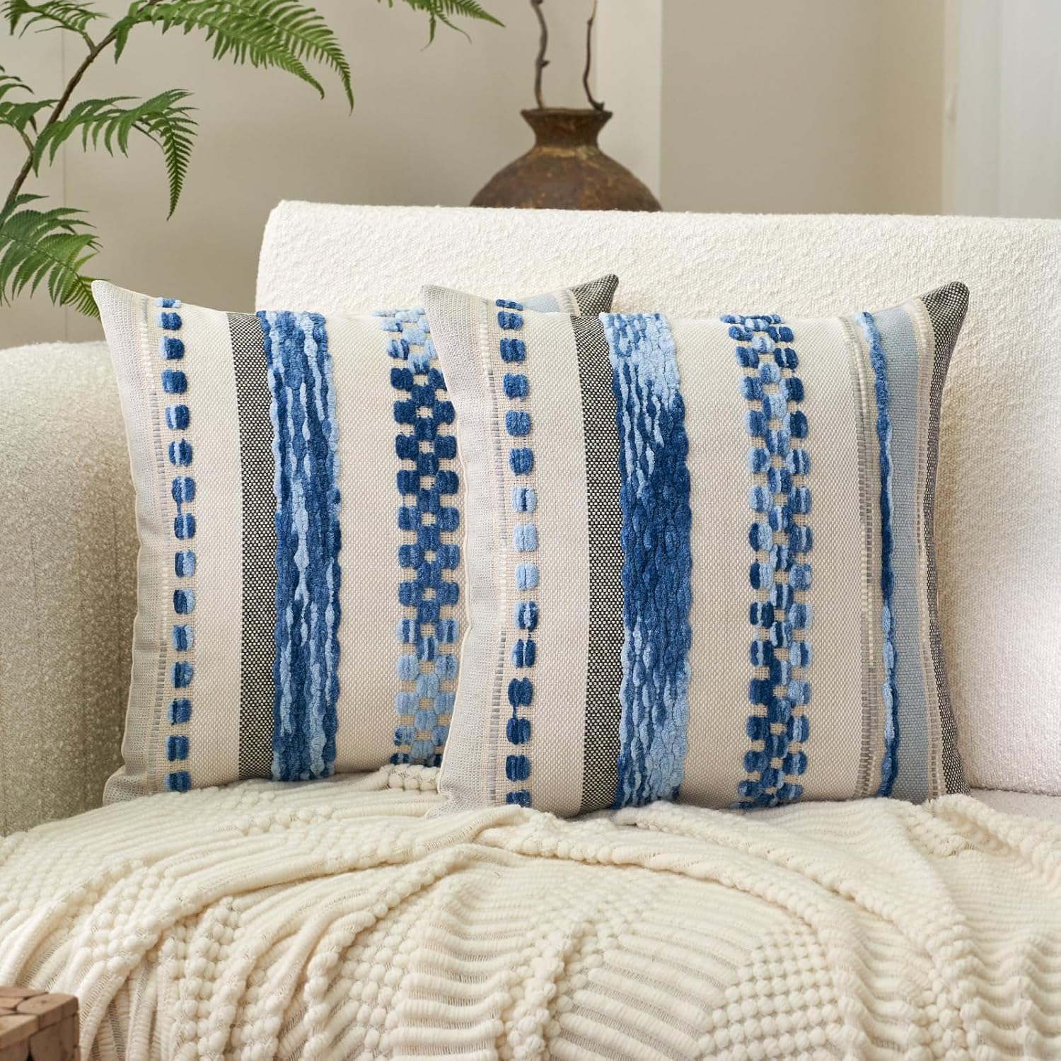 Tufted Boho Black Throw Pillow Cover — 18" — Sky Blue