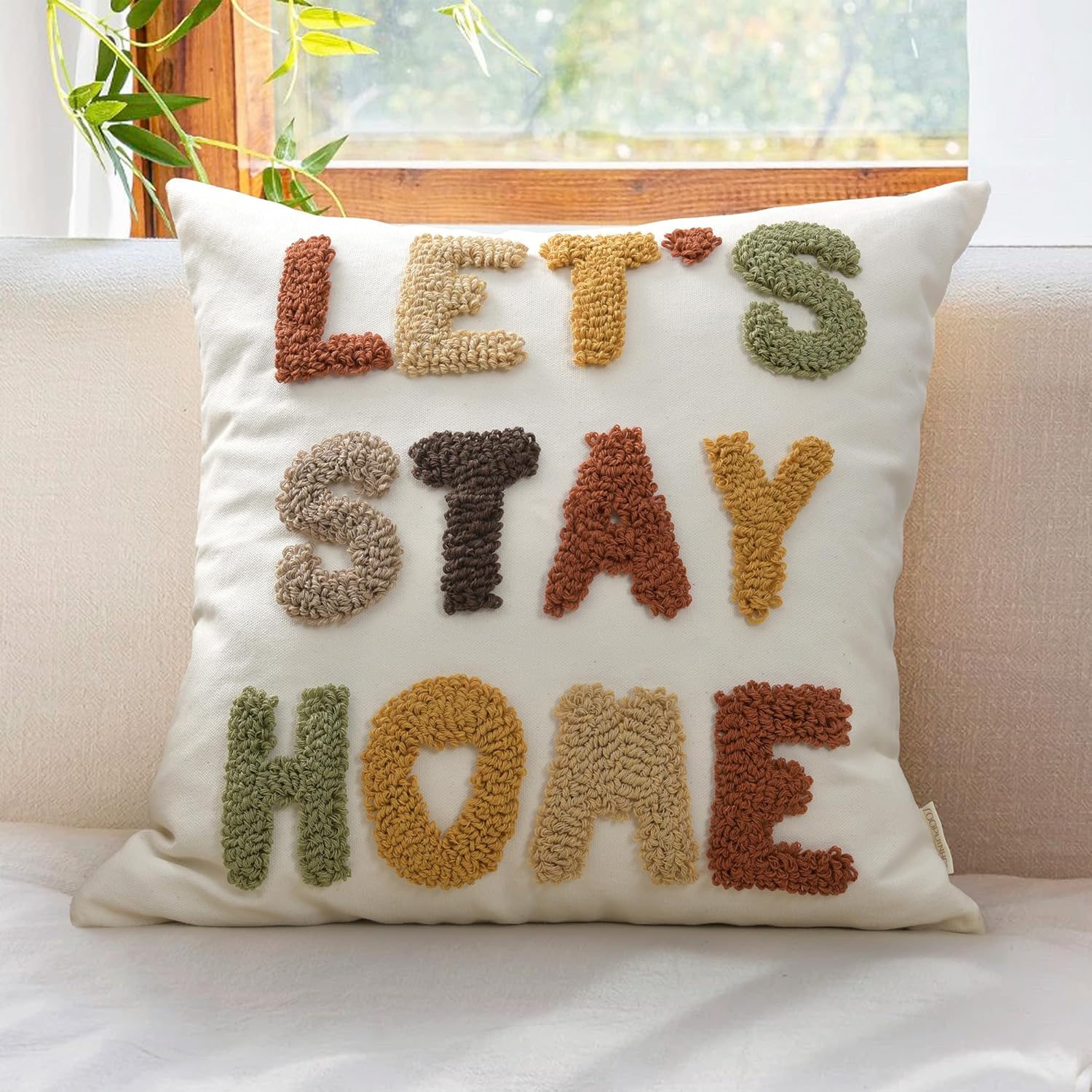 Tufted Boho Beige Throw Pillow Cover — 18" — Let's Stay Home