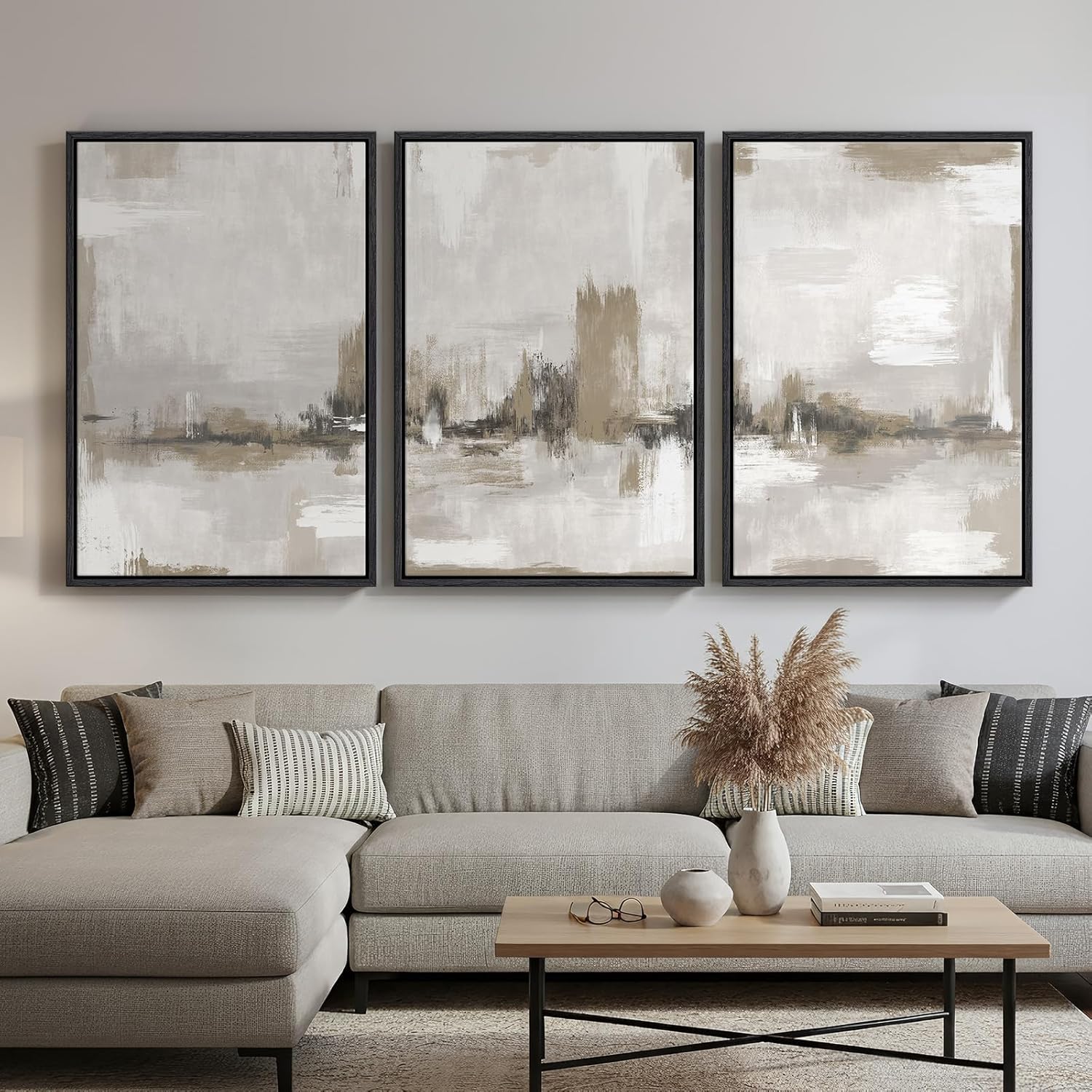 Framed Modern Beige Wall Decor — 24" — 24" W x 36" H x 3Pcs