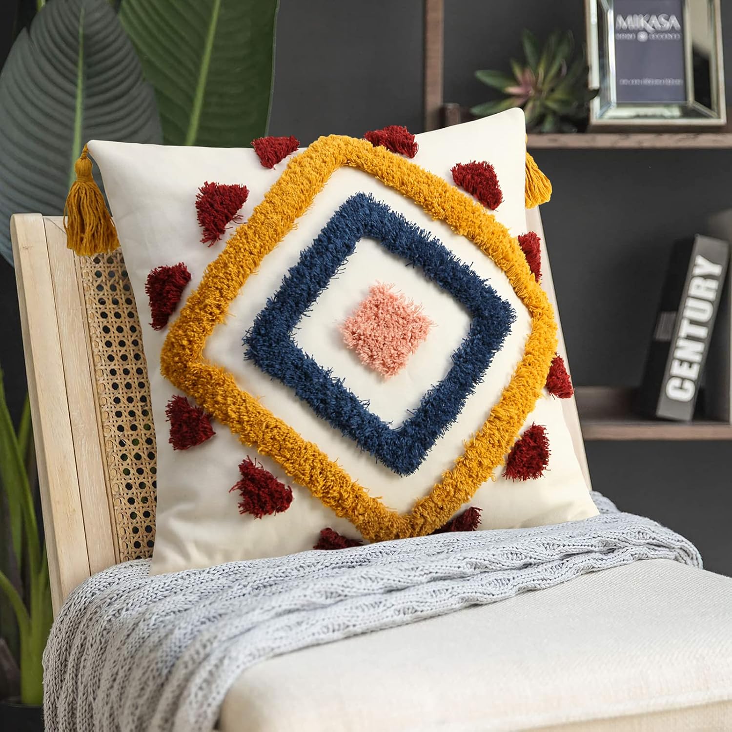 Tufted Boho Blue Pillow Cover — 18" — Yellow and Blue