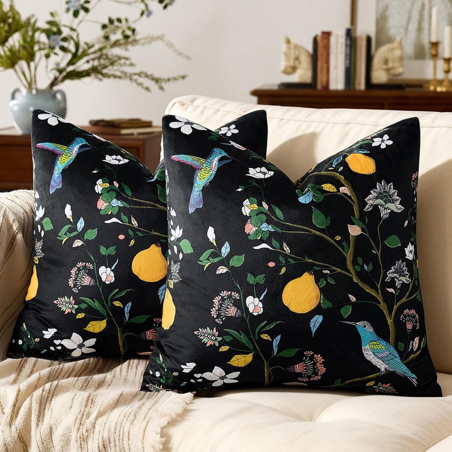 Velvet Boho Beige Pillow Cover — 20" — Black