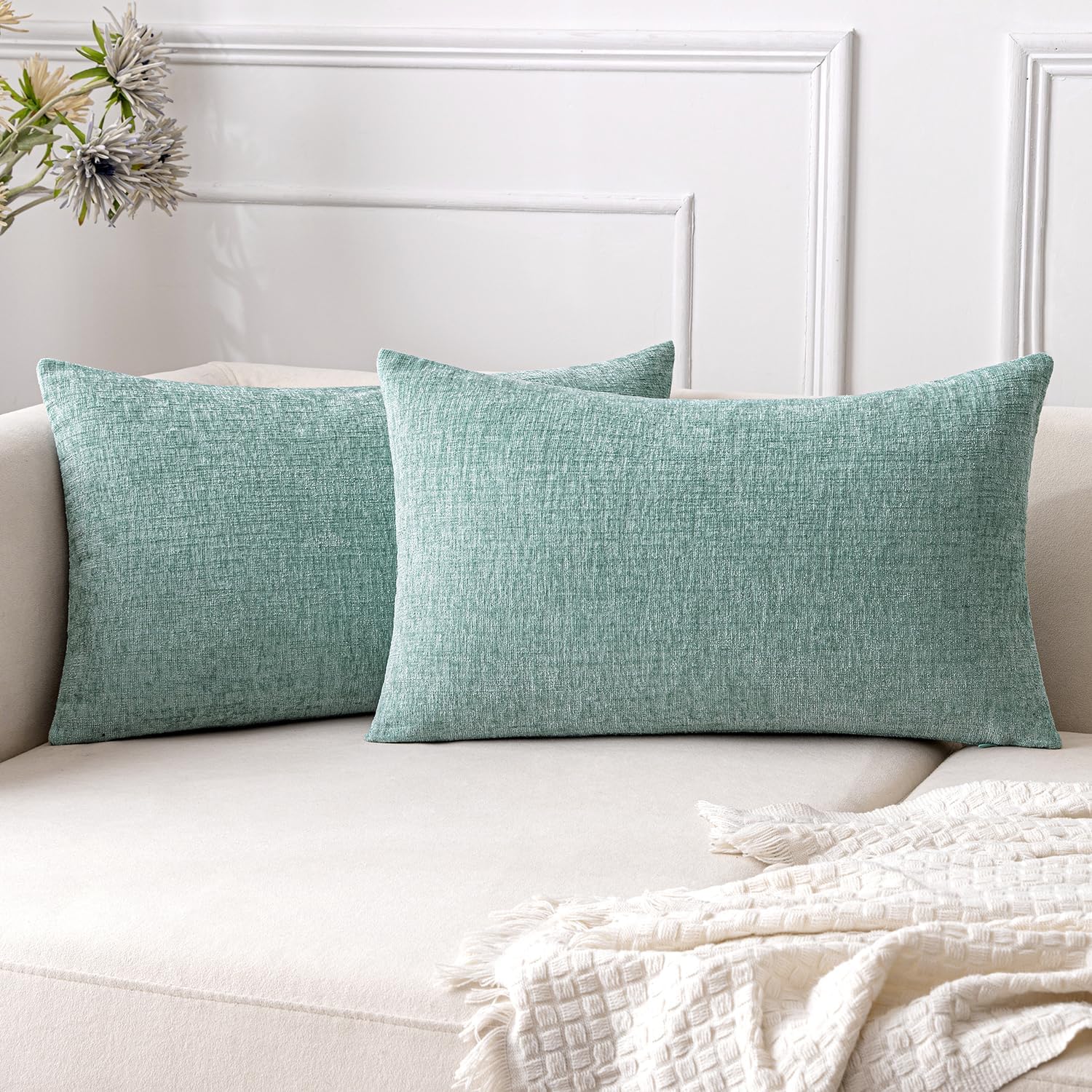 Chenille Boho Beige Throw Pillow Cover — 18" — Aqua Green