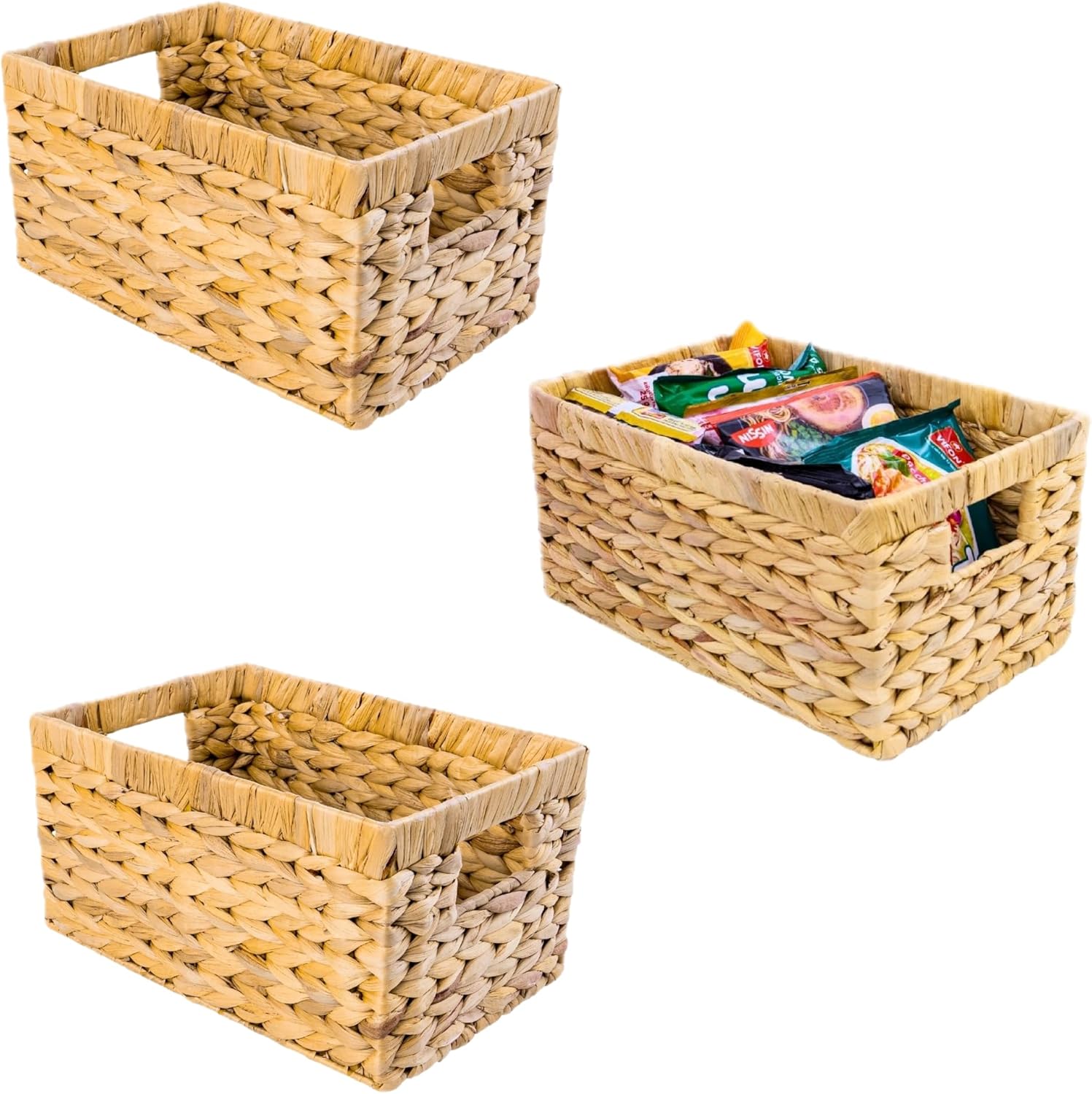 Handwoven Boho Beige Storage Basket — Set of 6 — Natural - Medium 3 Packs