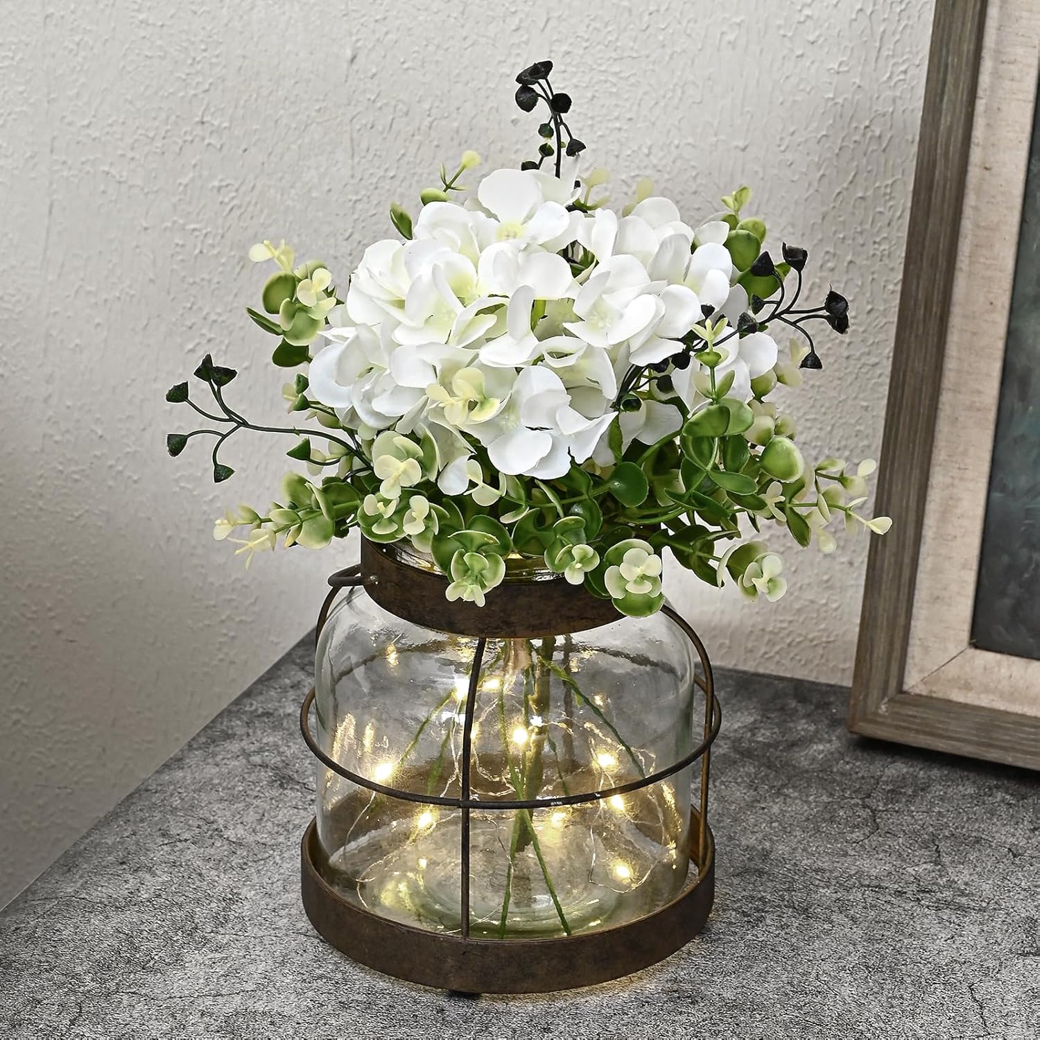 Vintage Farmhouse Green Artificial Plant — Vase+greenery+light+hydrangea