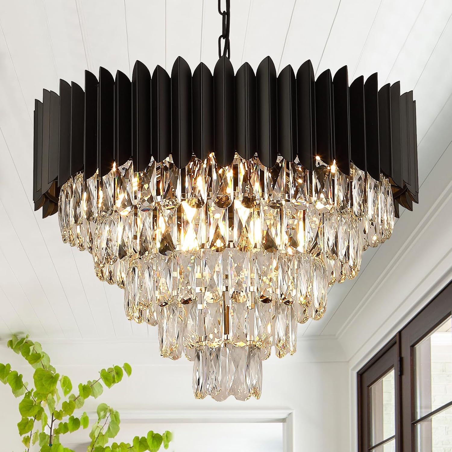 Round Luxe Black Chandelier — 30" — Black & clear crystals
