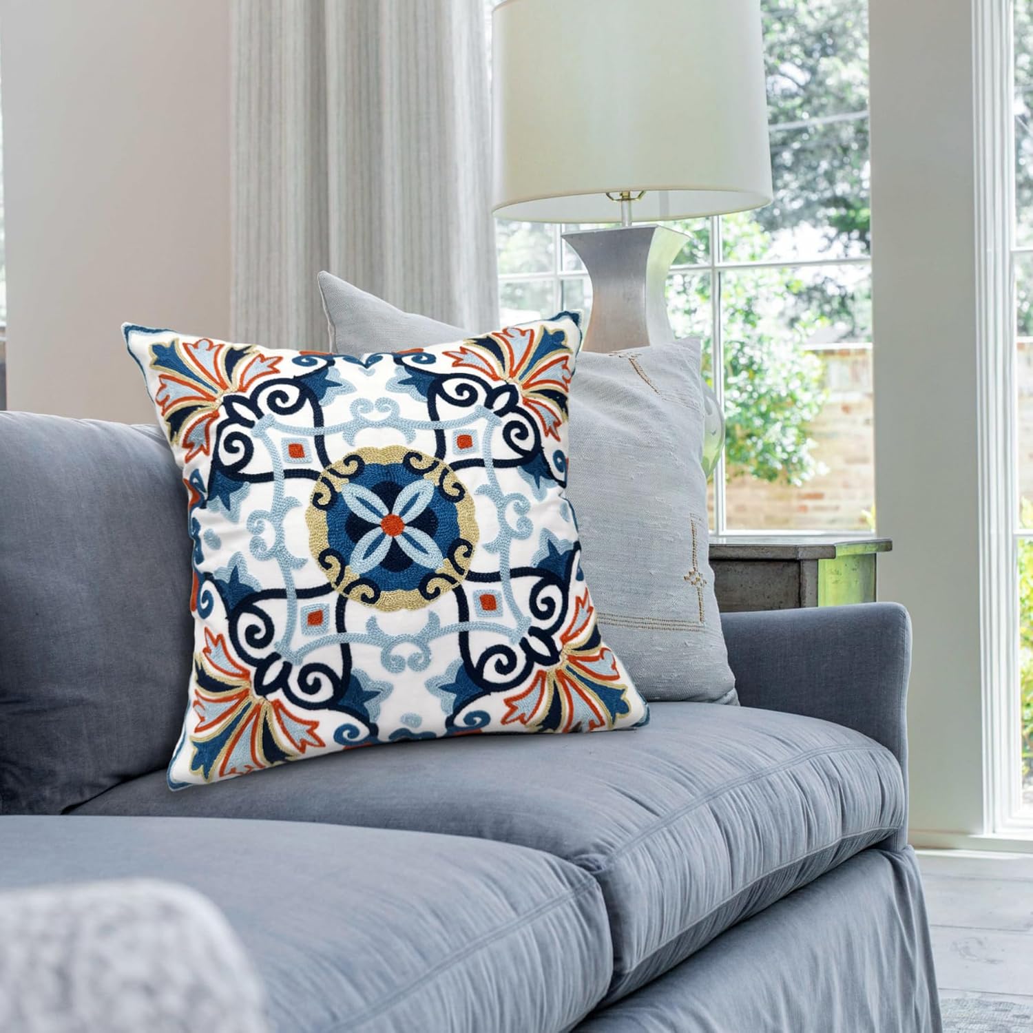 Embroidered Boho Blue Throw Pillow Cover — 18" - View 6