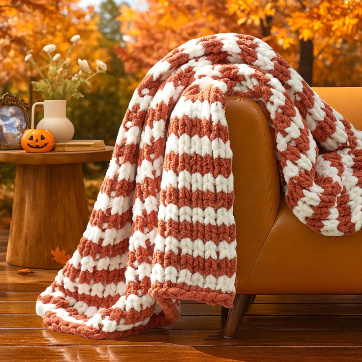 Knit Beige Throw Pillow — 50" — Burnt Orange/White Stripe
