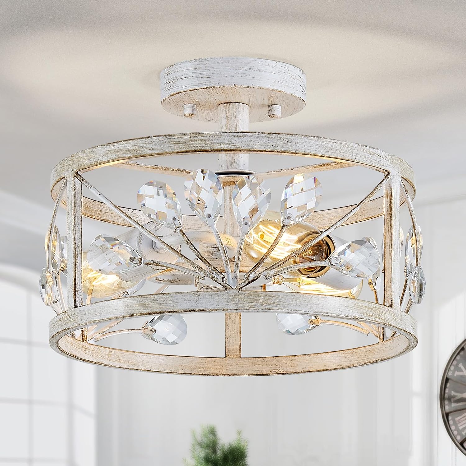 Vintage Farmhouse Black Chandelier — 3-Light — White, Crystal leaf