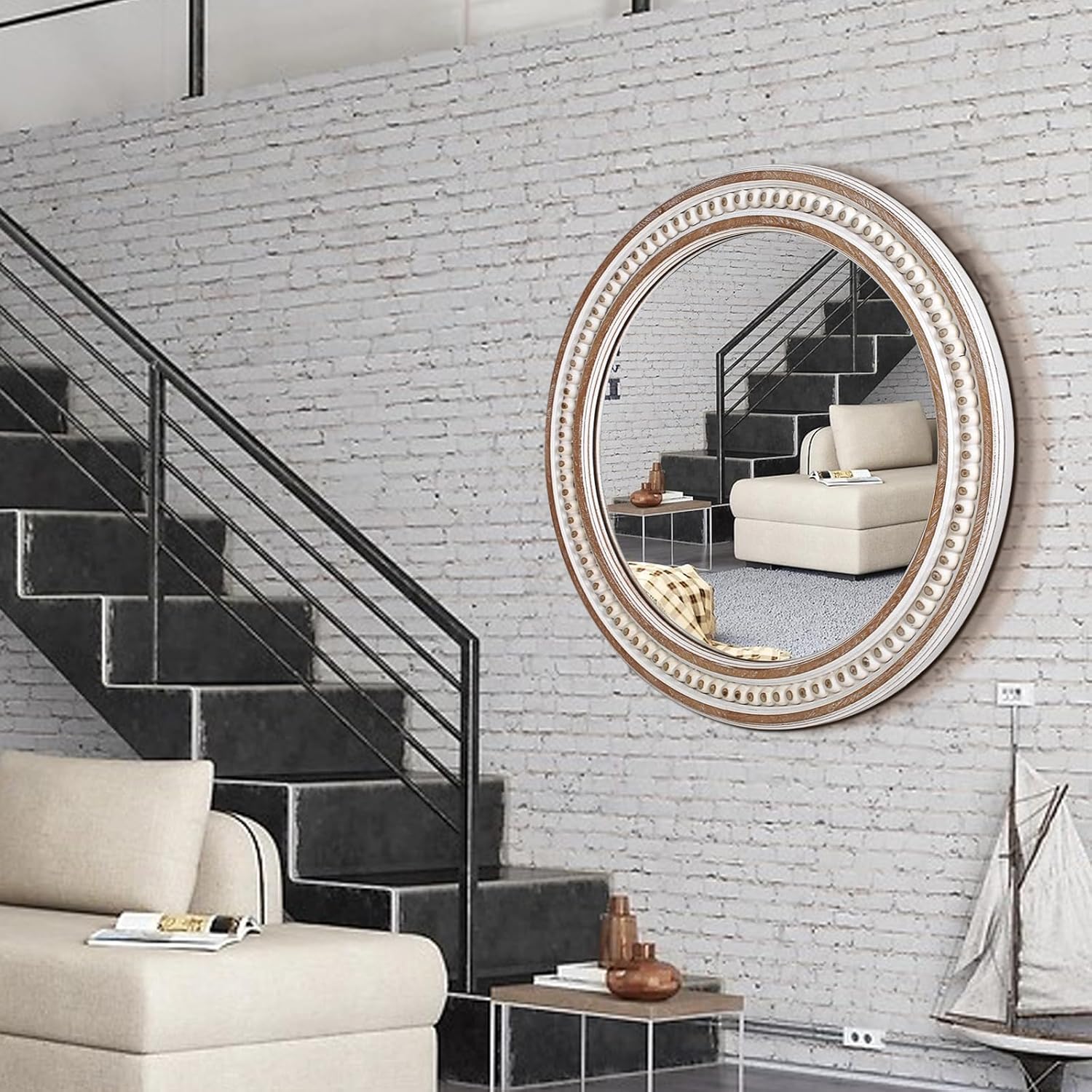 Round Farmhouse Wood Wall Mirror — 24" - View 4