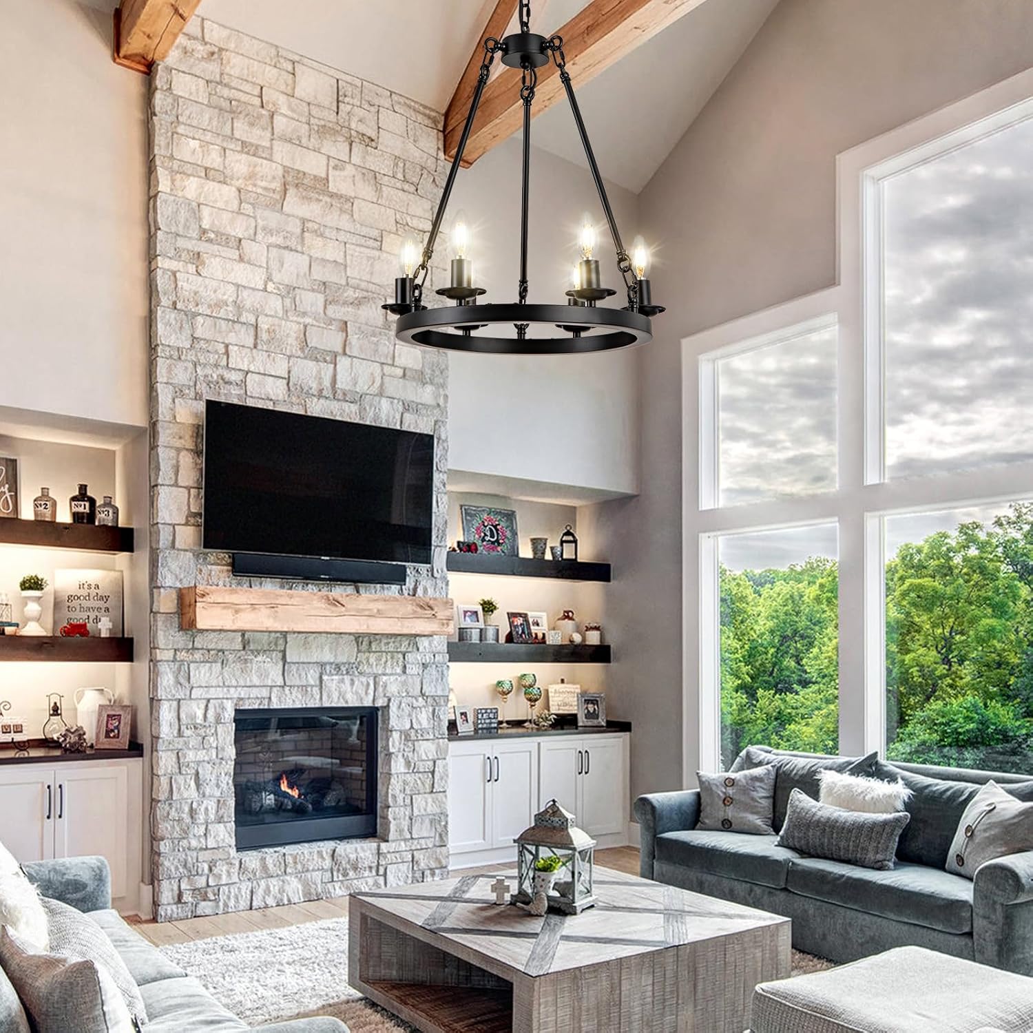 Adjustable Farmhouse Black Chandelier — 6-Light - View 9