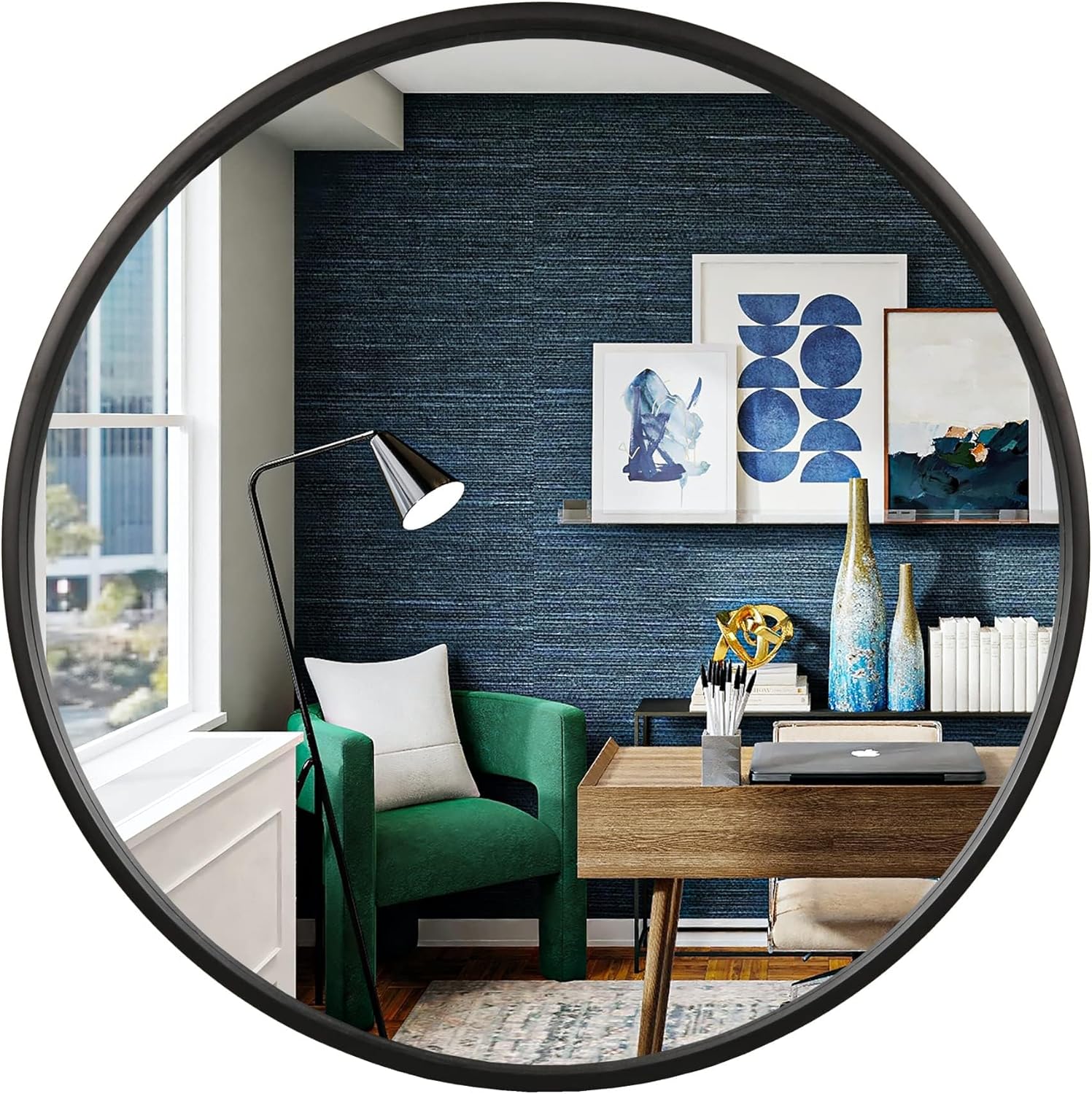 Round Beige Wall Mirror — 24" — Black