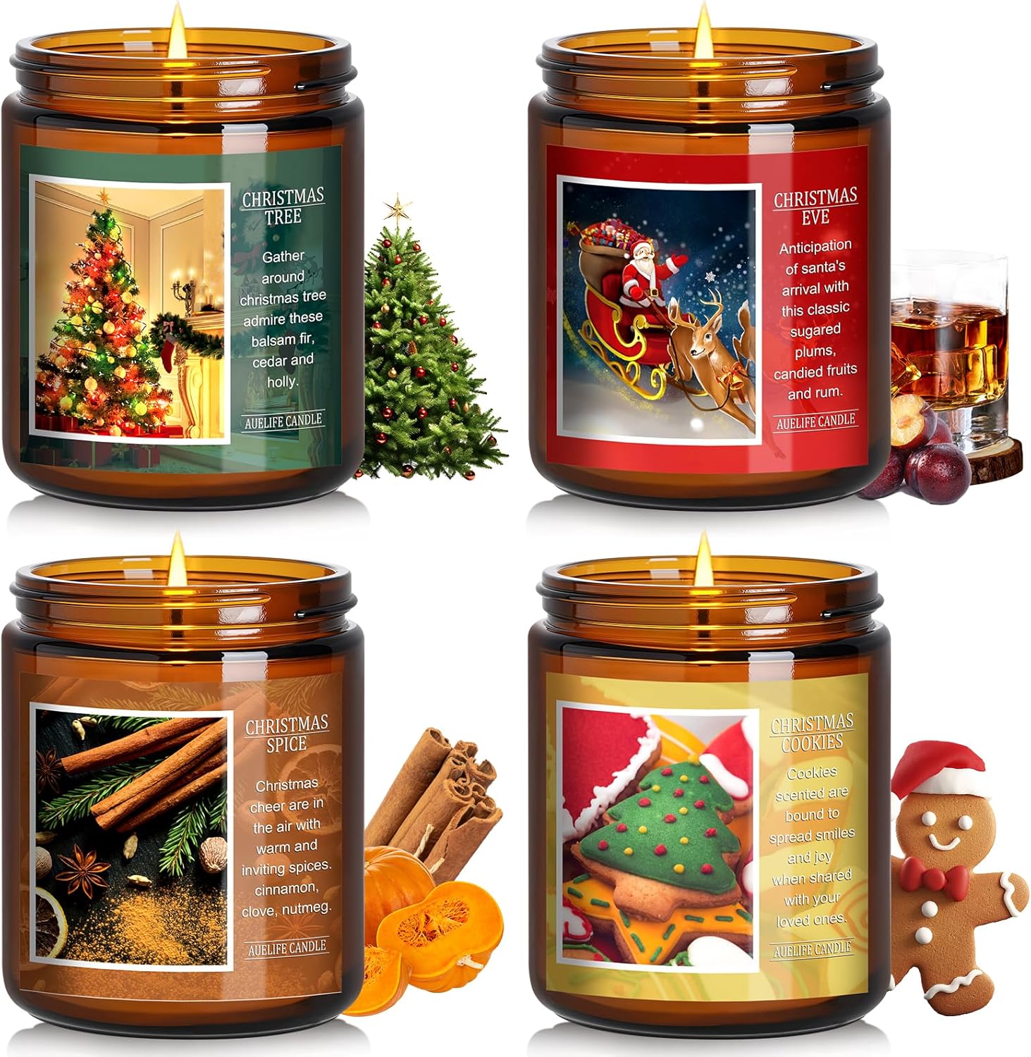 Soy Wax Scented Candle — Set of 4 — 4Pack- Christmas Tree/Spice/Cookies/EVE