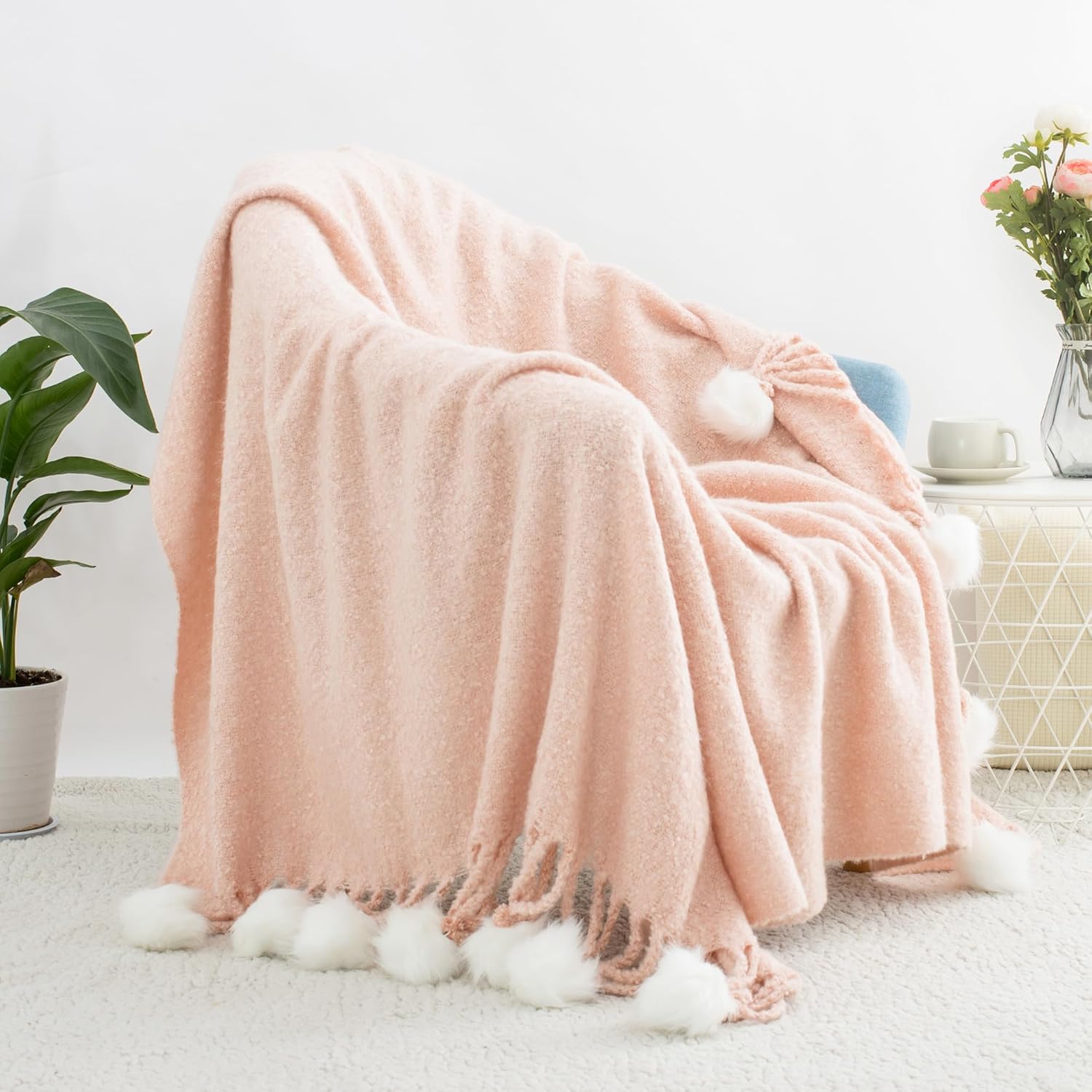 Pom Pom Farmhouse Blue Throw Pillow — 60" — Pom-pink