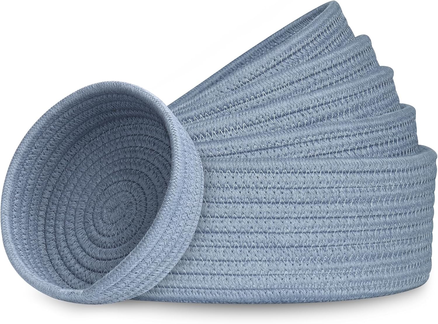 Round Boho Beige Woven Basket — Blue