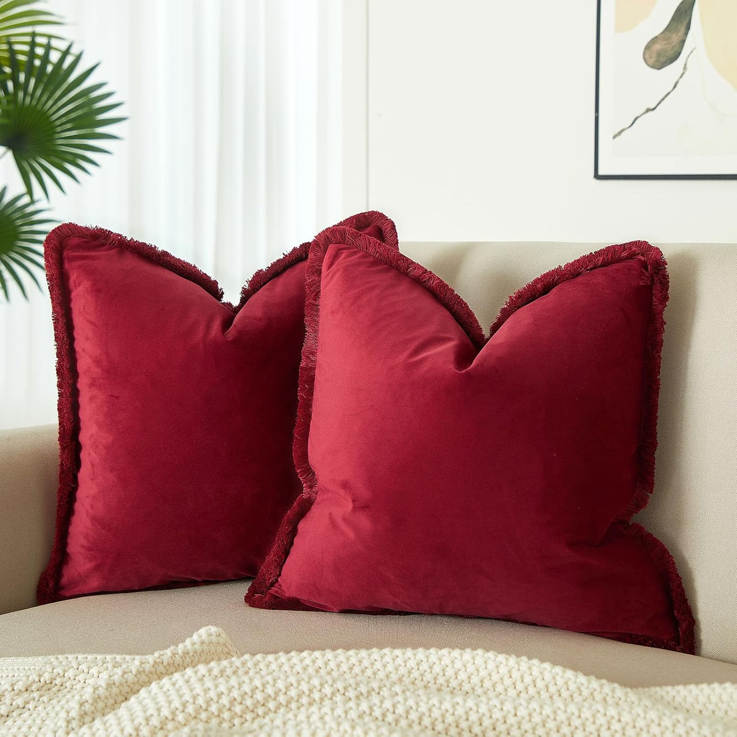 Velvet Boho Beige Throw Pillow Cover — 26" — Red