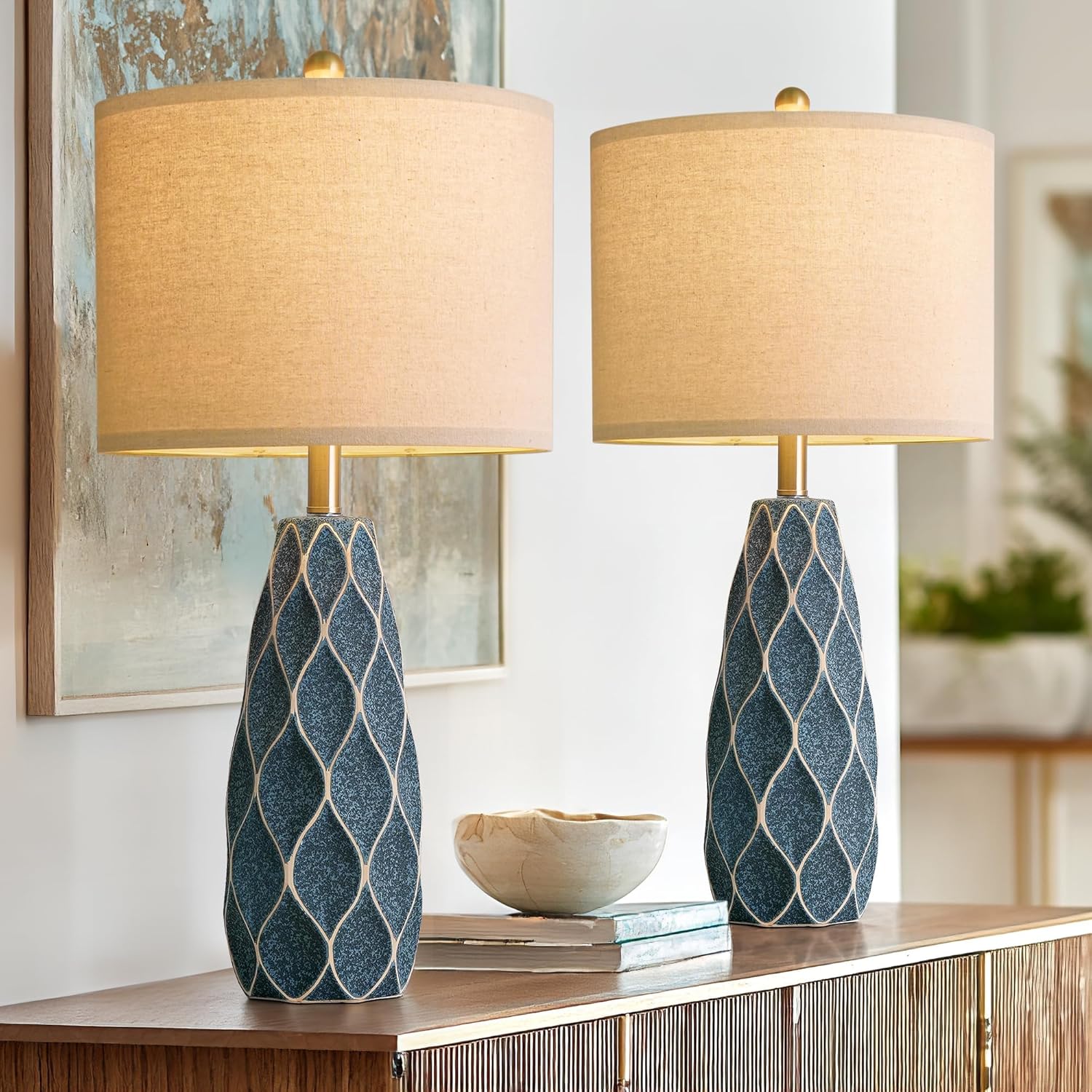 Vintage Boho Black Bedside Lamp — 27.5" — Blue