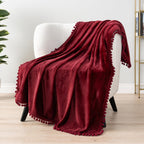 Pom Pom Beige Throw Pillow — 50" — Wine Red