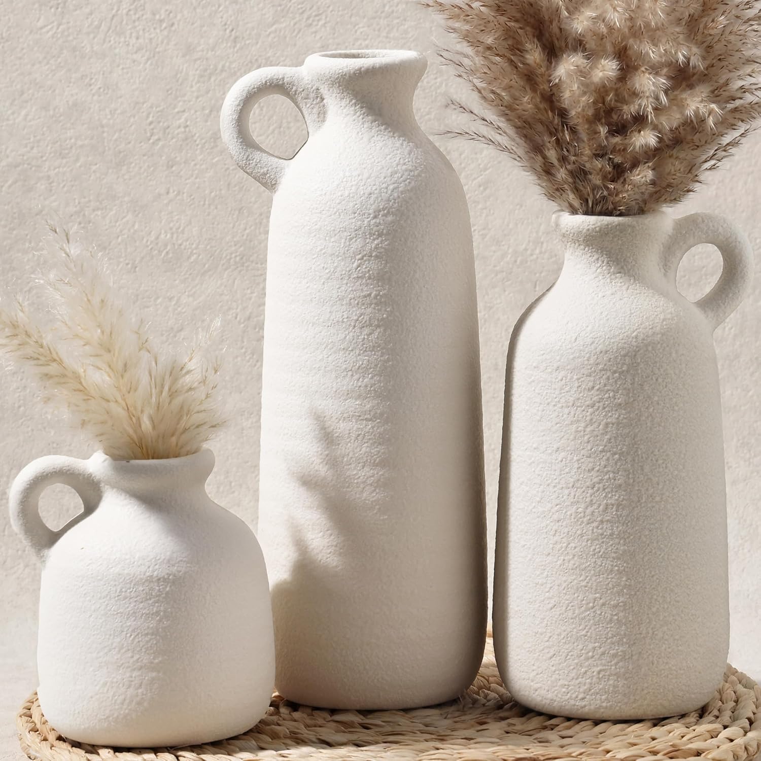Farmhouse Beige Decorative Vase — Set of 5 — 3pcs- White With Handle