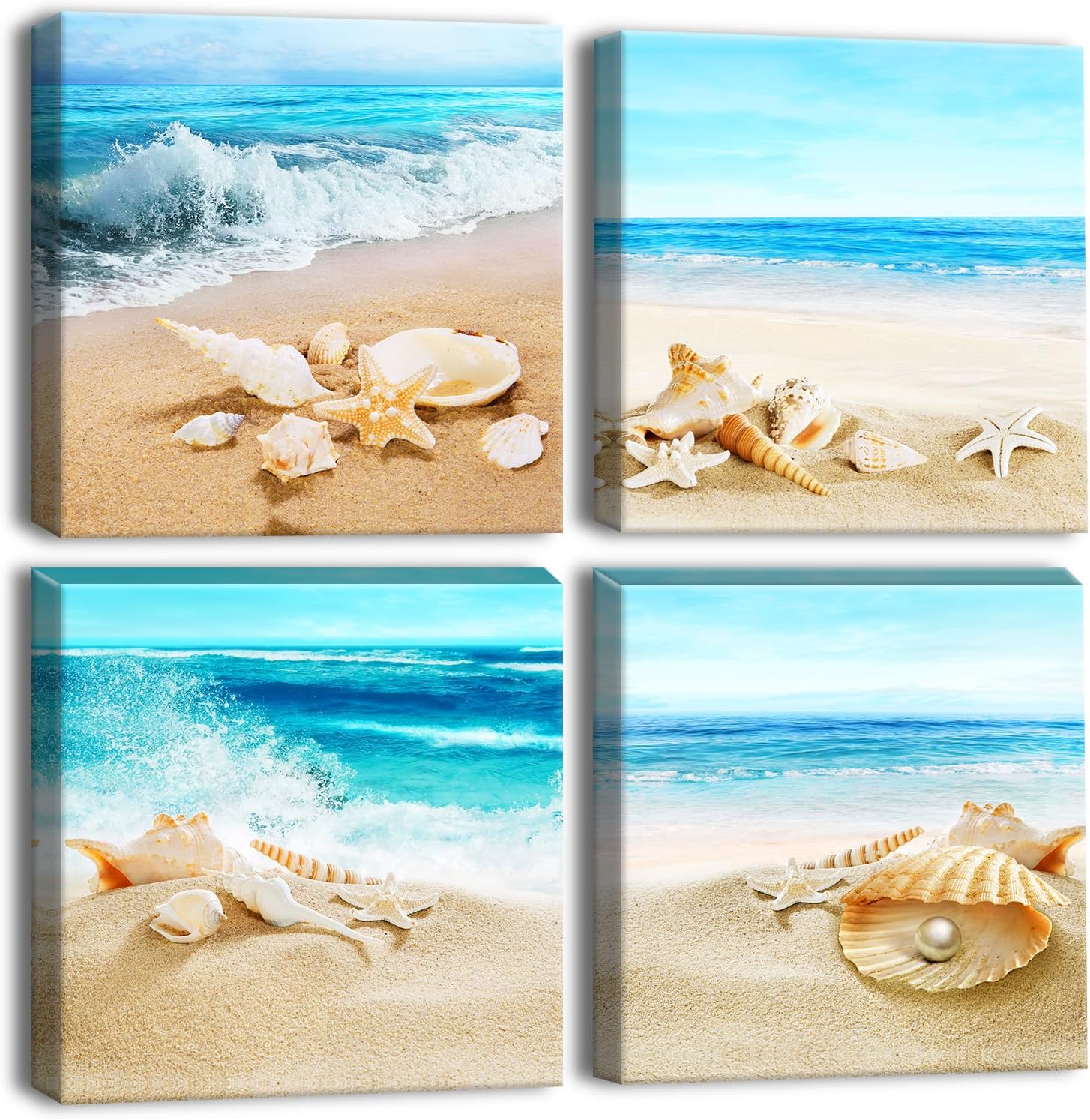 Framed Modern Beige Wall Art — 12" — Beach Shells and Sea
