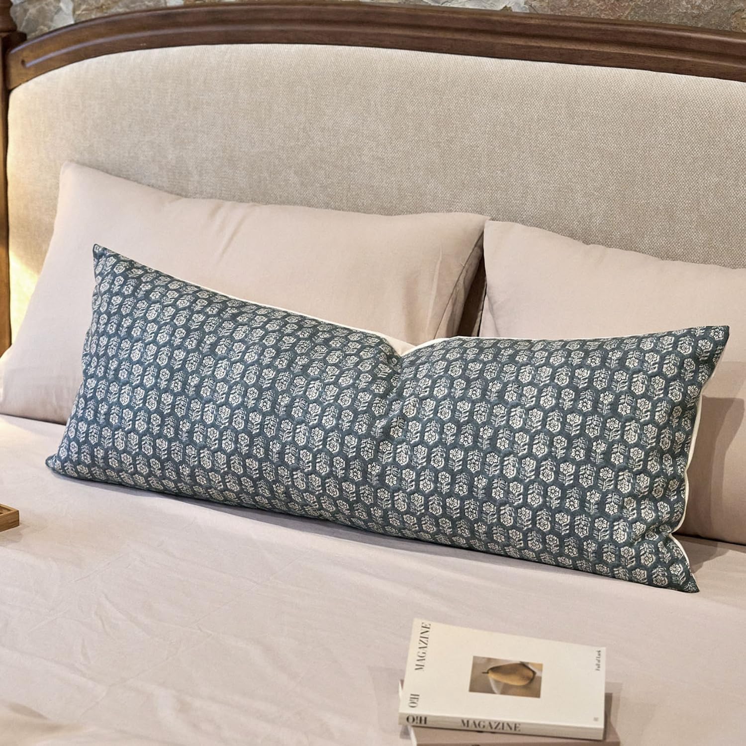 Farmhouse Beige Throw Pillow Cover — 18" — Dusty Blue