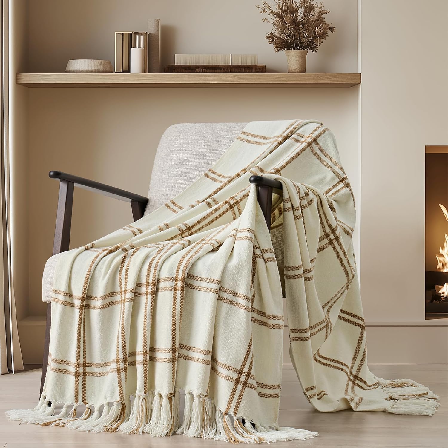 Knit Boho Beige Throw Pillow — 50" — Plaid Cream & Beige