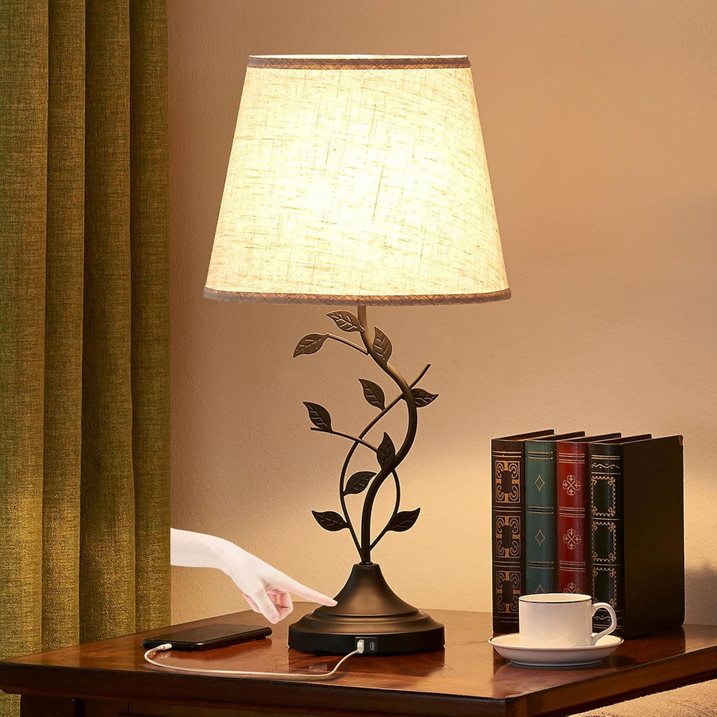 USB Beige Table Lamp — 4-Beige Shade & Touch Black Base
