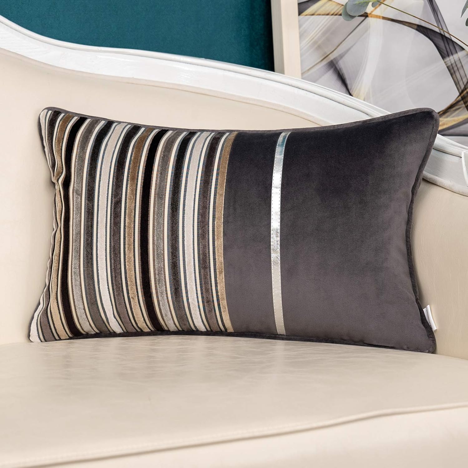 Velvet Boho Beige Throw Pillow Cover — 20" — Grey Patchwork