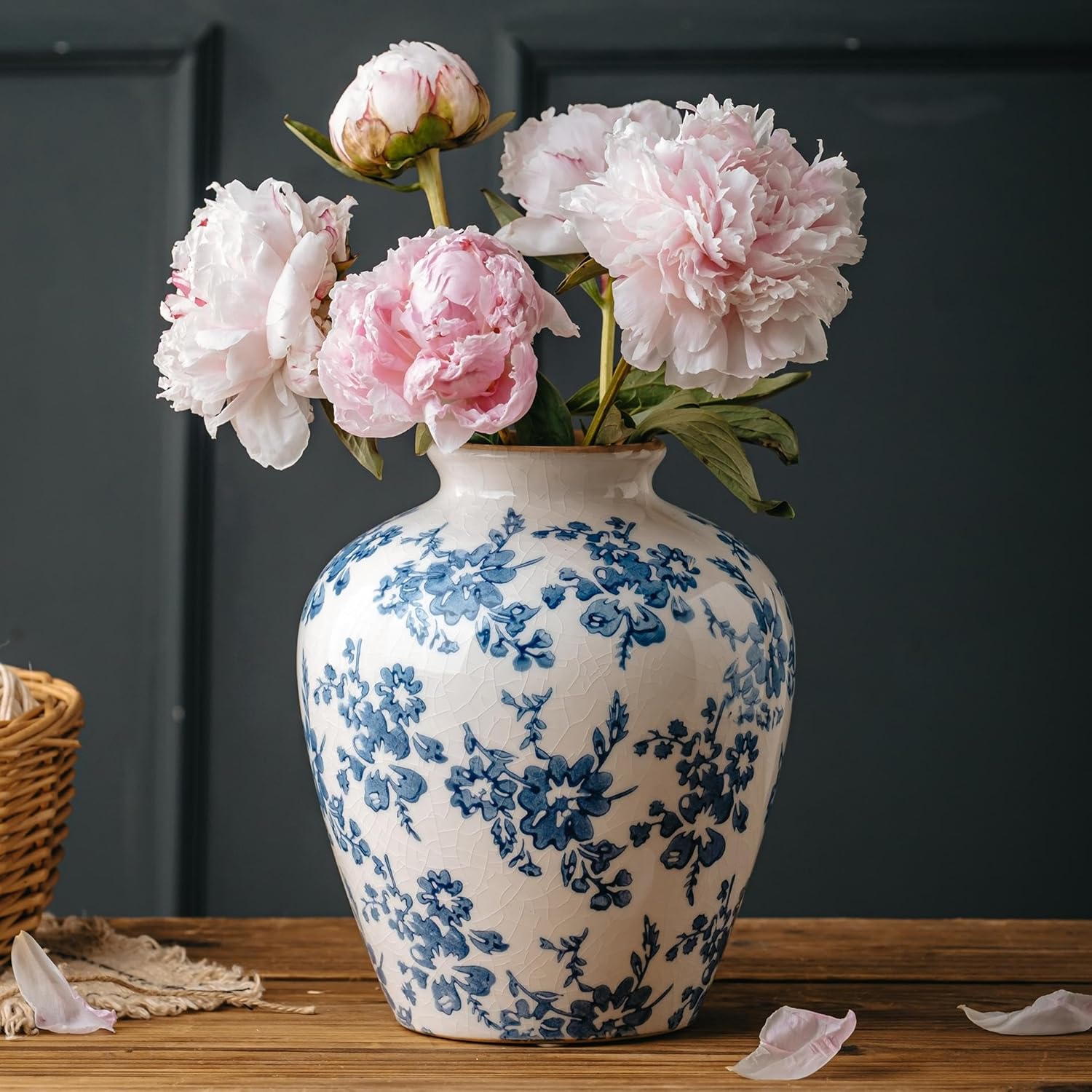 Round Farmhouse Blue Flower Vase — 8" — Blue & White