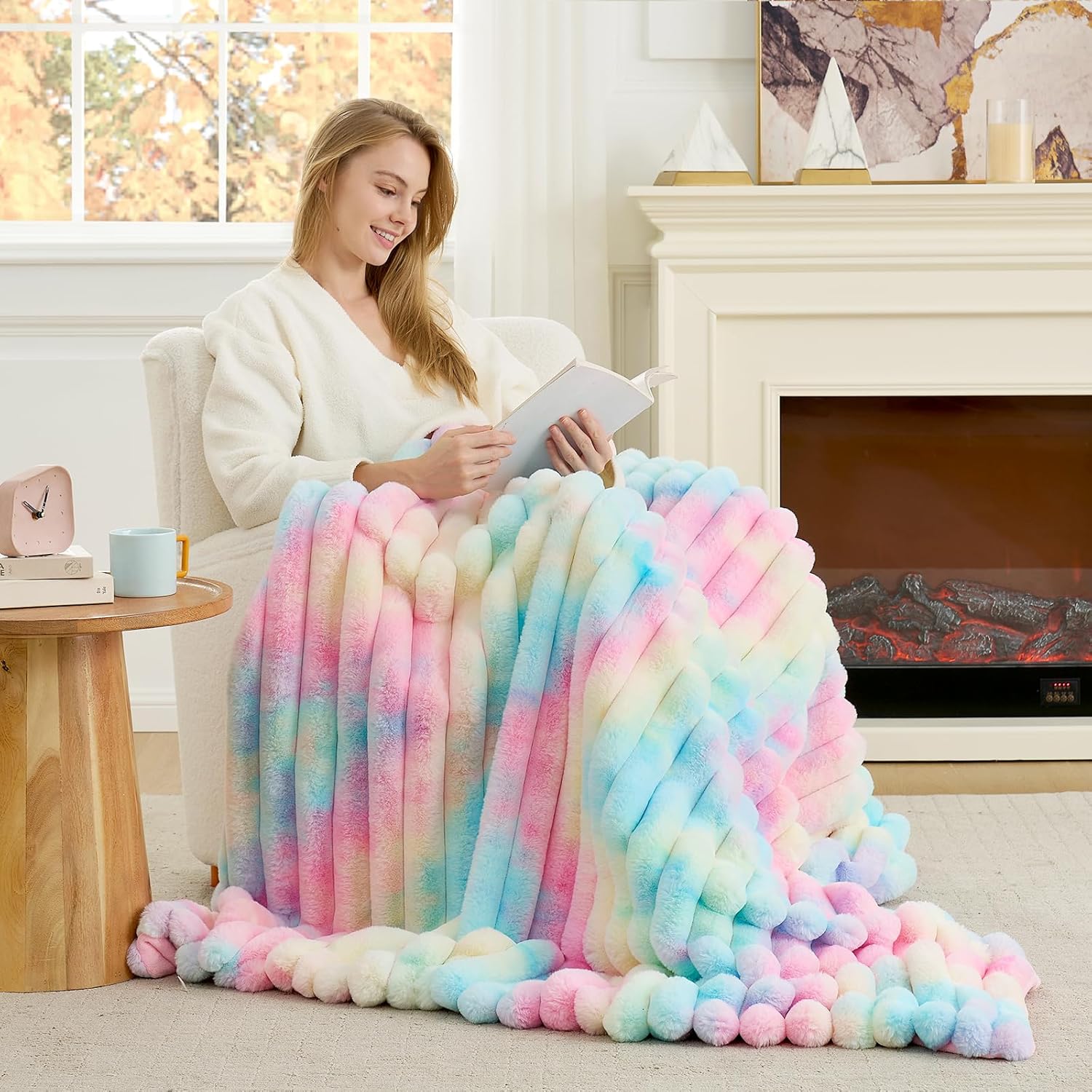 Beige Throw Pillow — 50" — Tie-dye Rainbow