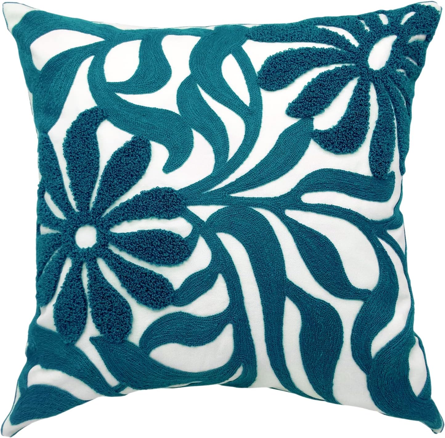 Tufted Boho Beige Throw Pillow Cover — 18" — Teal Floral