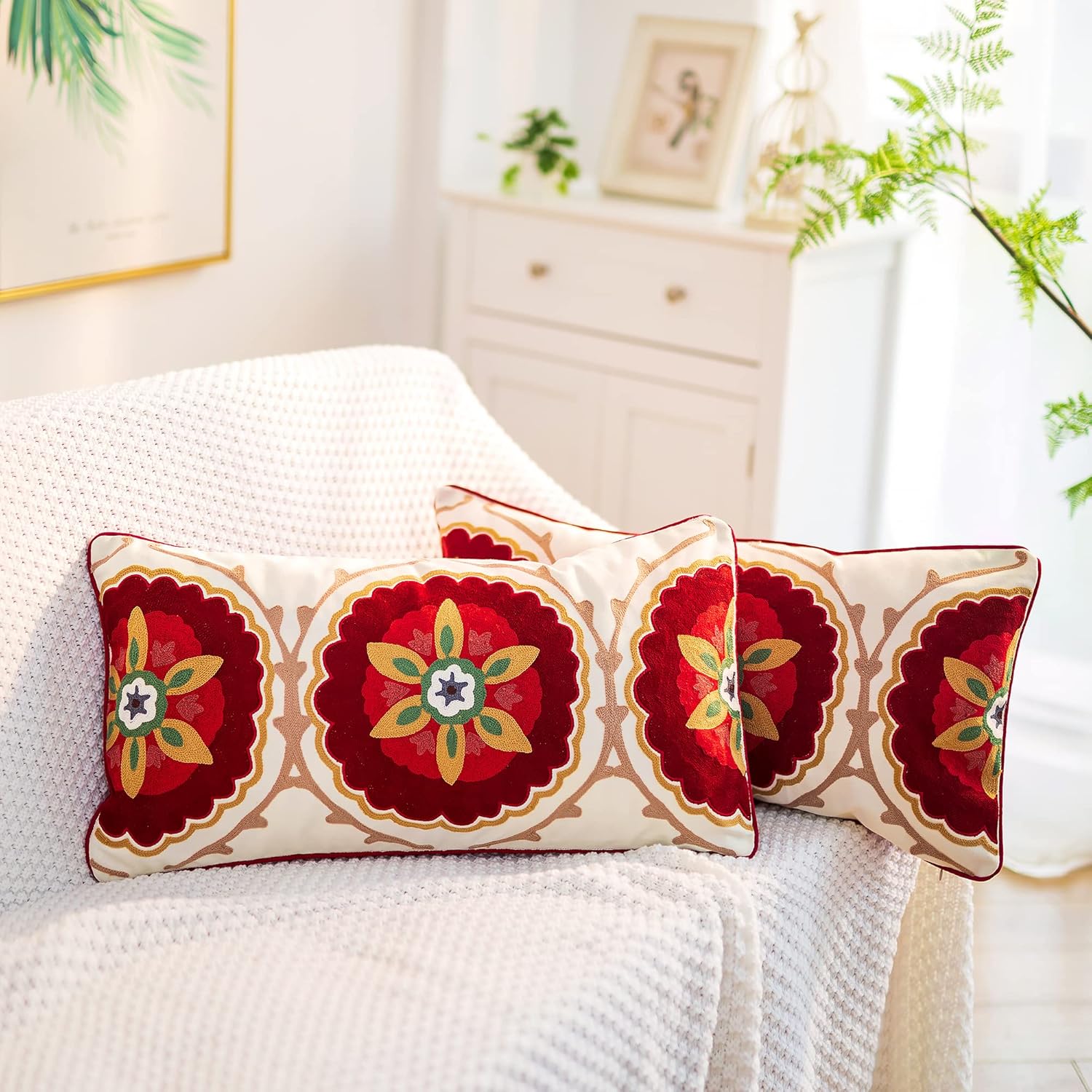 Embroidered Boho Blue Throw Pillow Cover — 18" — Red Pattern