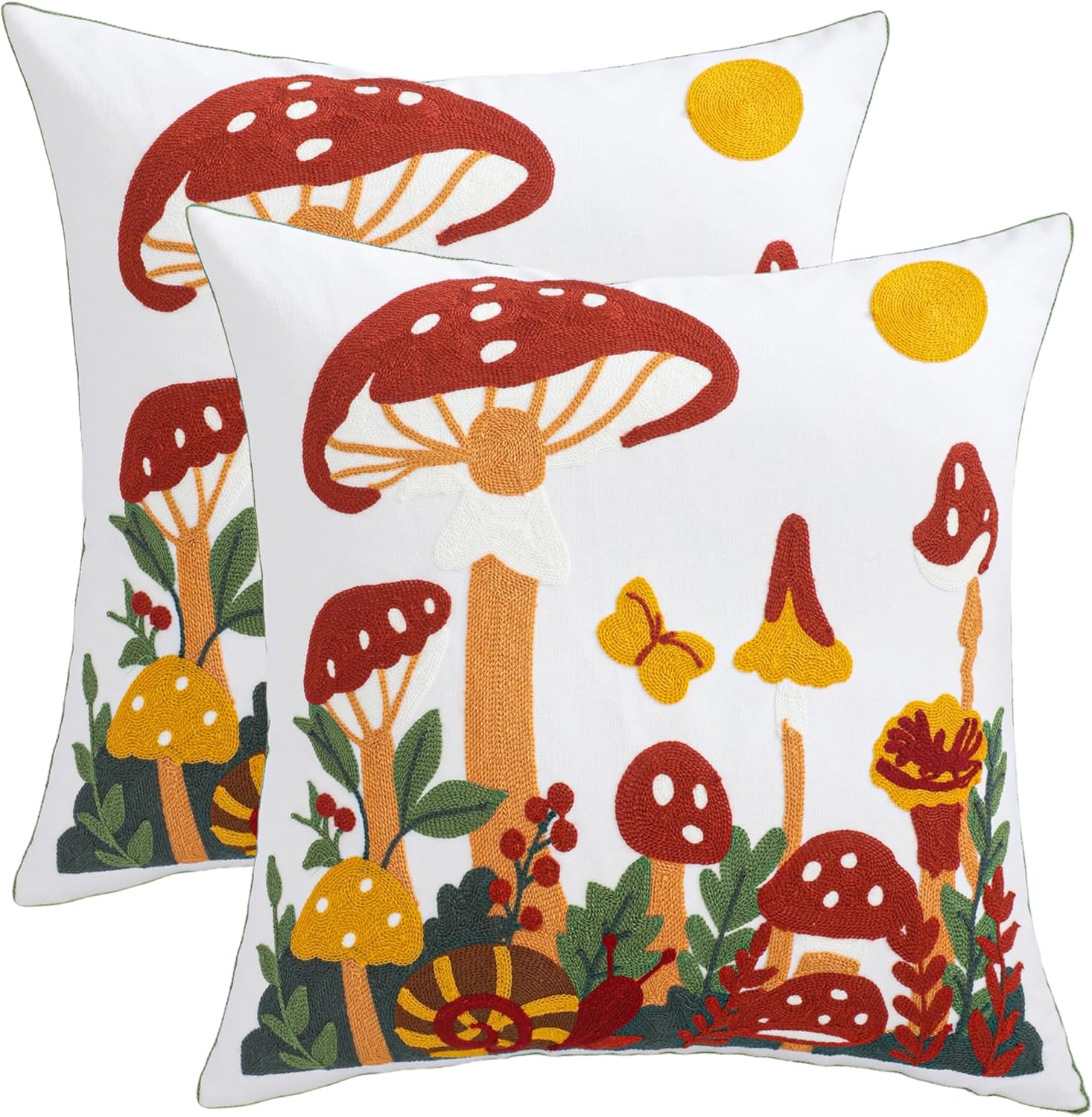 Embroidered Boho Blue Throw Pillow Cover — 18" — Mushroom Snail