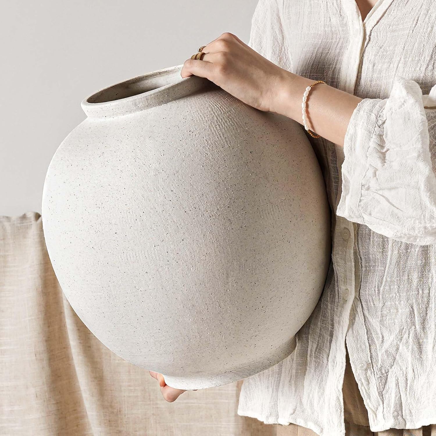 Farmhouse Beige Flower Vase — 8" — Sandstone White